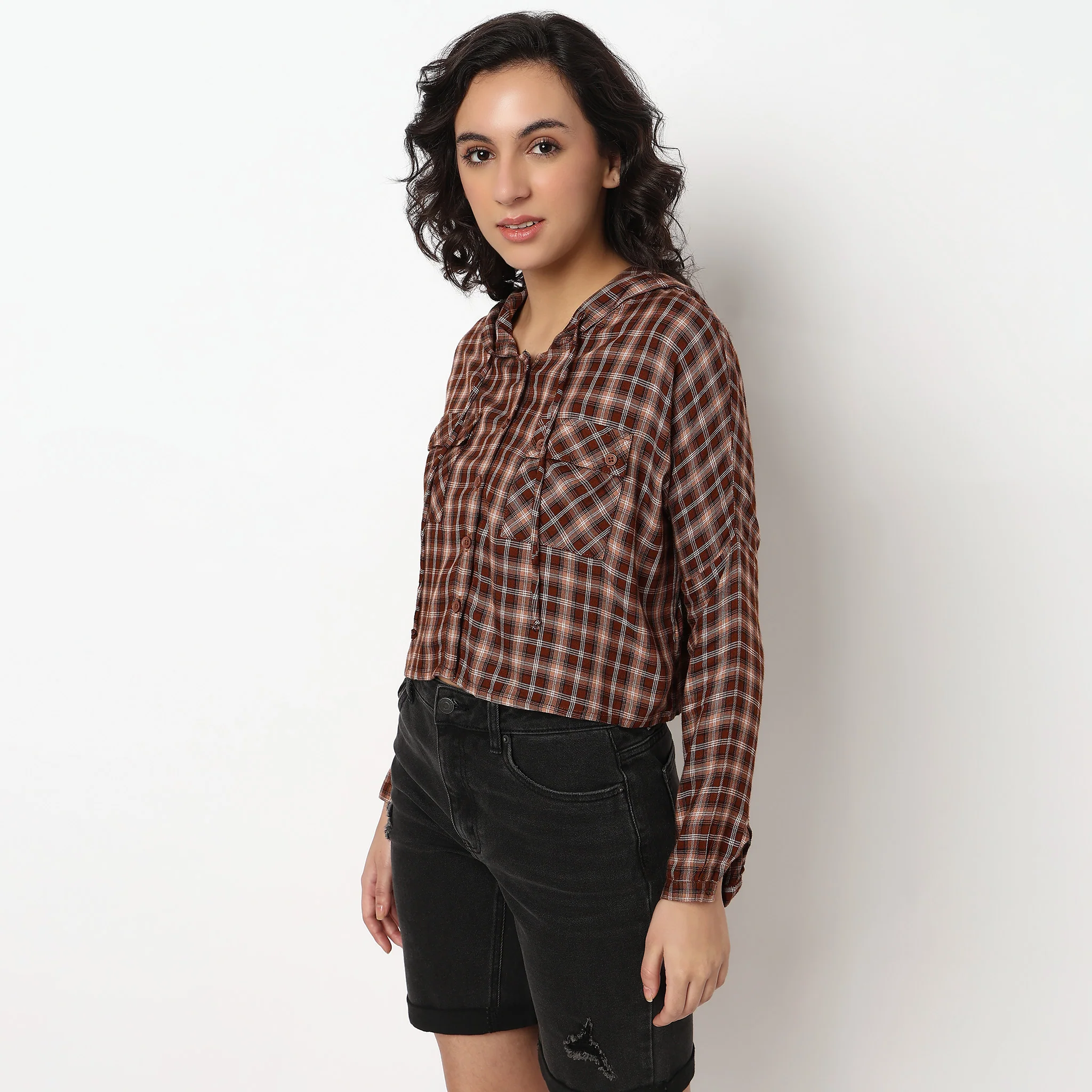 Checkered Hoodie Style Cropped Betty Shirt - Image 5