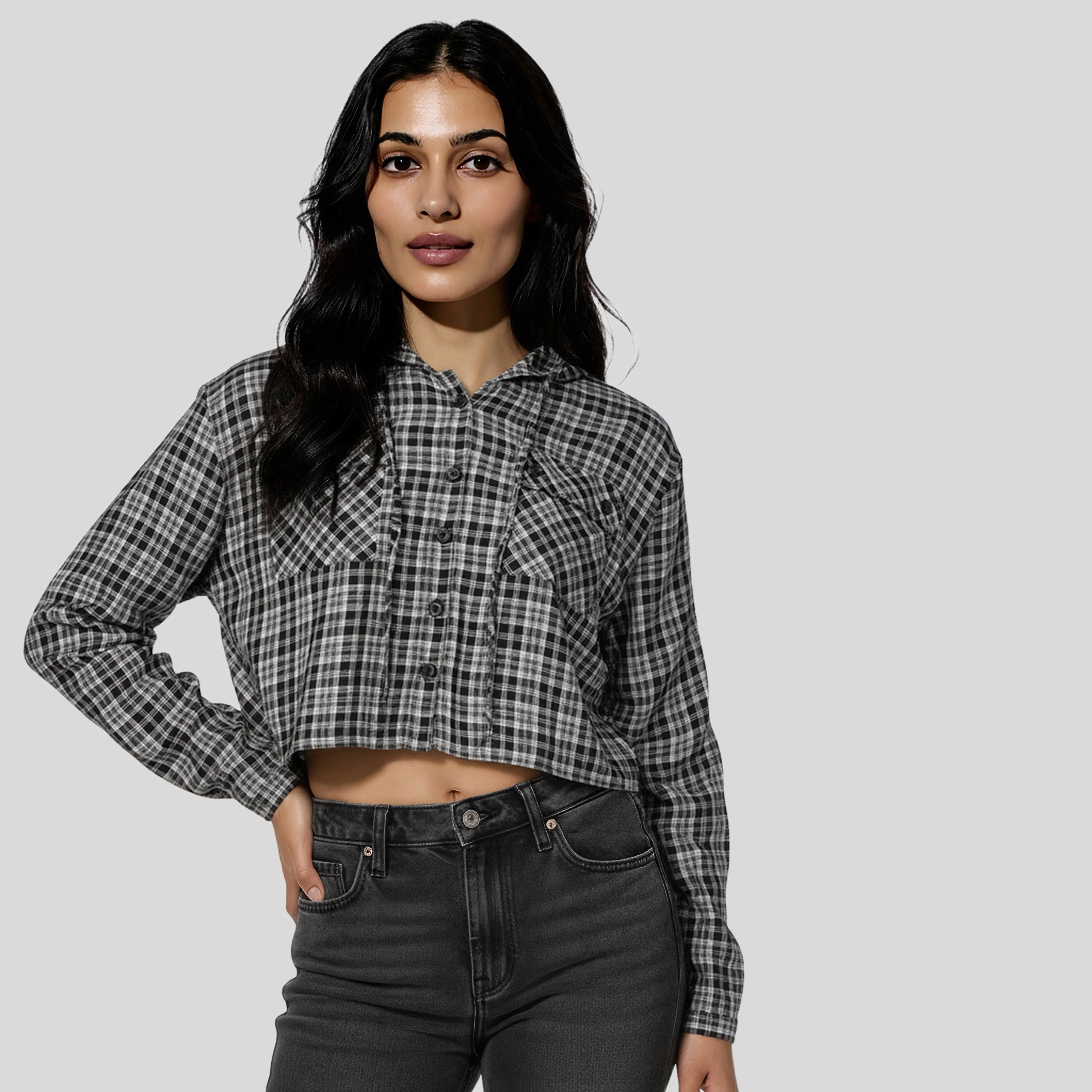 Checkered Hoodie Style Cropped Betty Shirt - Image 7