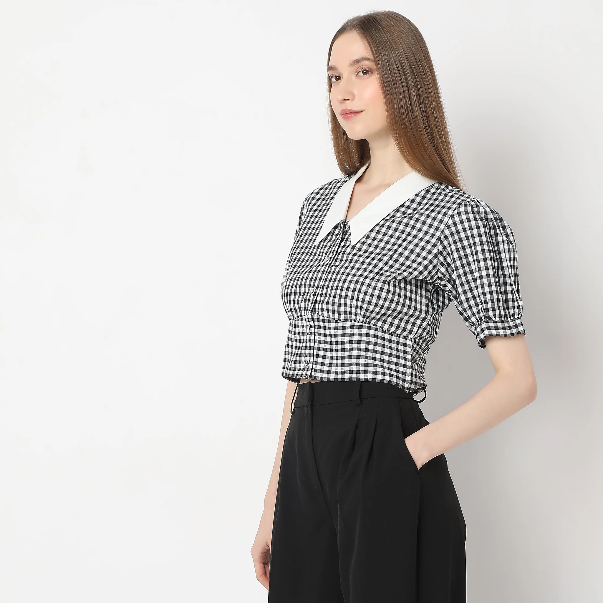 Checkered Gingham White Collar Puff Sleeve Crop Top - Image 5
