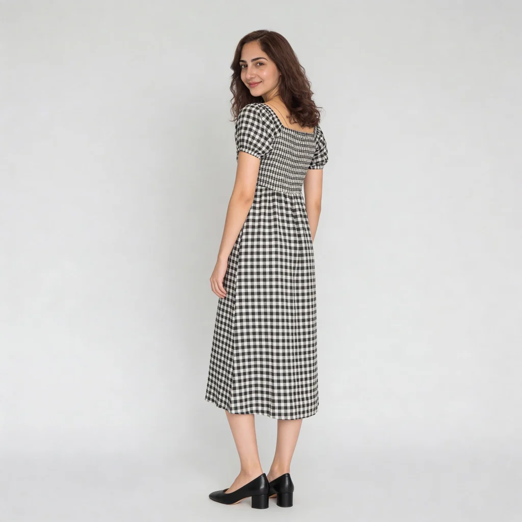 Checkered Puff Sleeve Flared Dress - Image 3