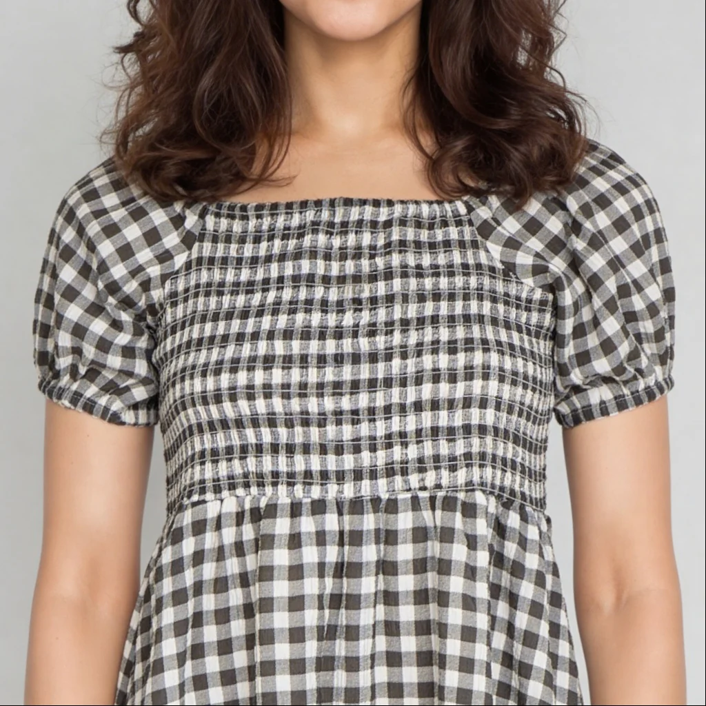 Checkered Puff Sleeve Flared Dress - Image 4