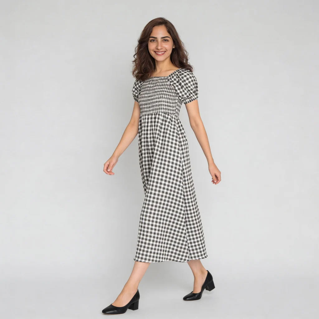 Checkered Puff Sleeve Flared Dress - Image 5