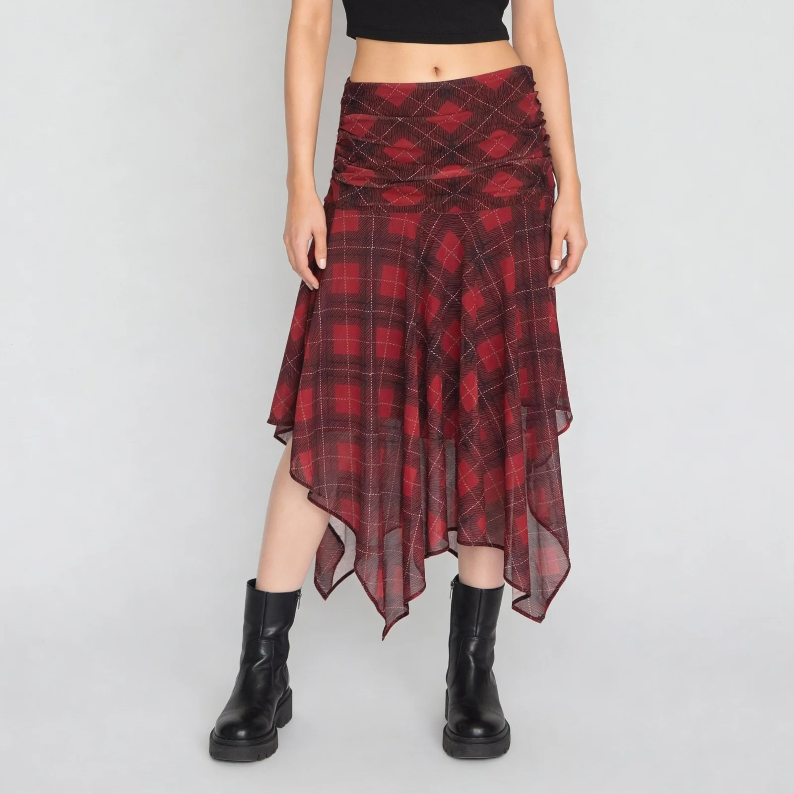Checkered Ruched Skirt With Handkerchief Hem - Image 2