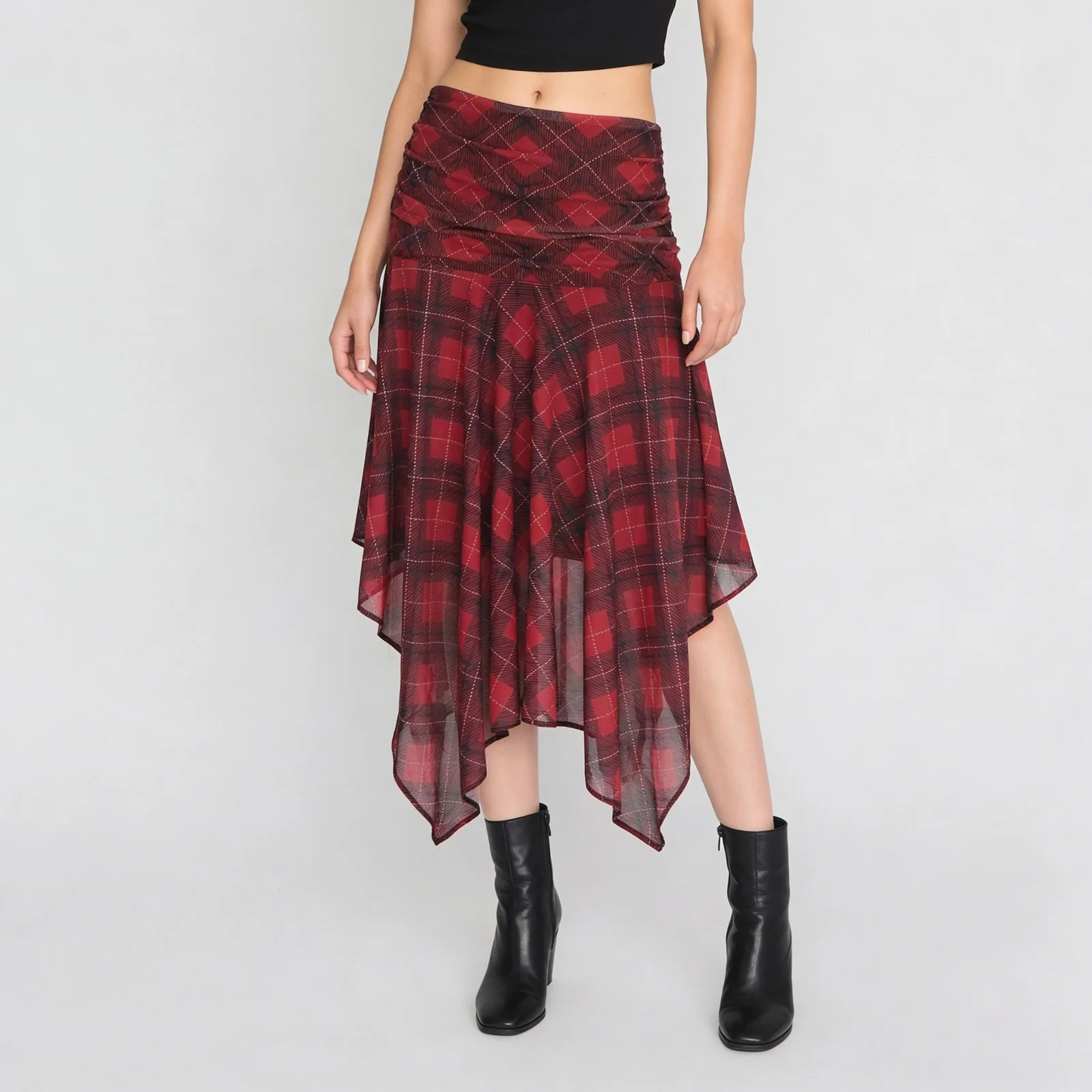 Checkered Ruched Skirt With Handkerchief Hem - Image 5