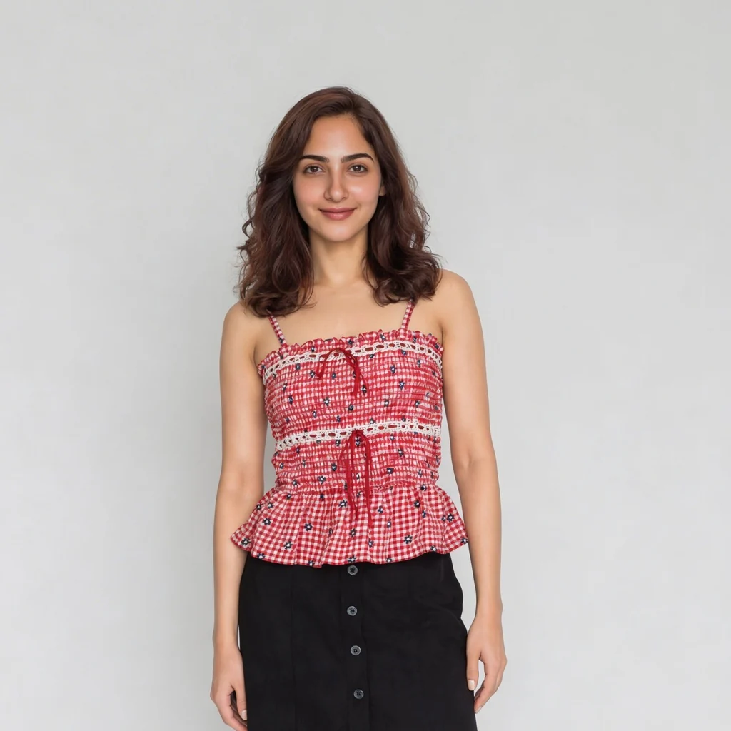 Checkered Slim Fit Top With Satin Lace Detail - Image 2