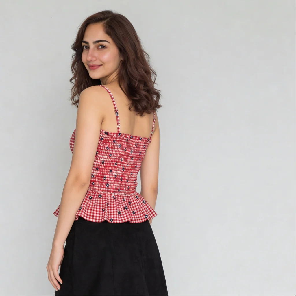 Checkered Slim Fit Top With Satin Lace Detail - Image 3