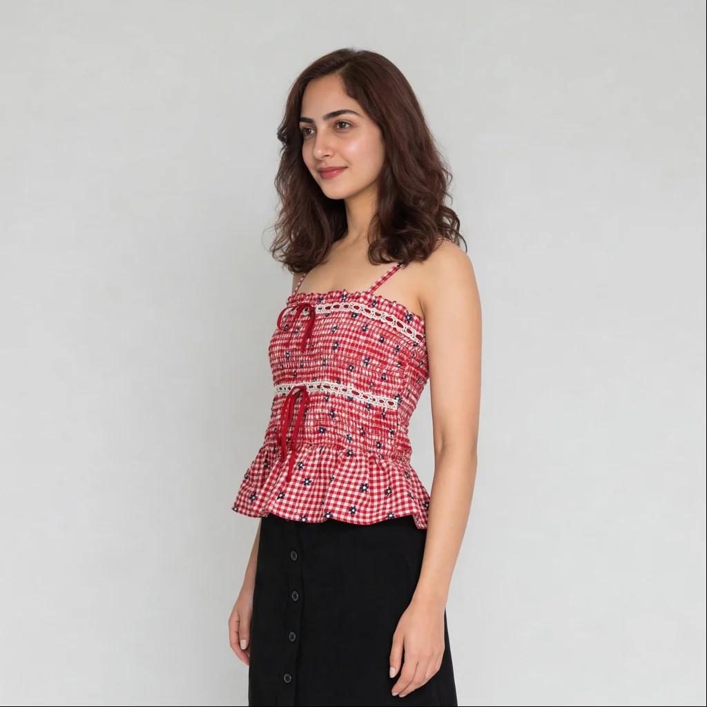 Checkered Slim Fit Top With Satin Lace Detail - Image 5