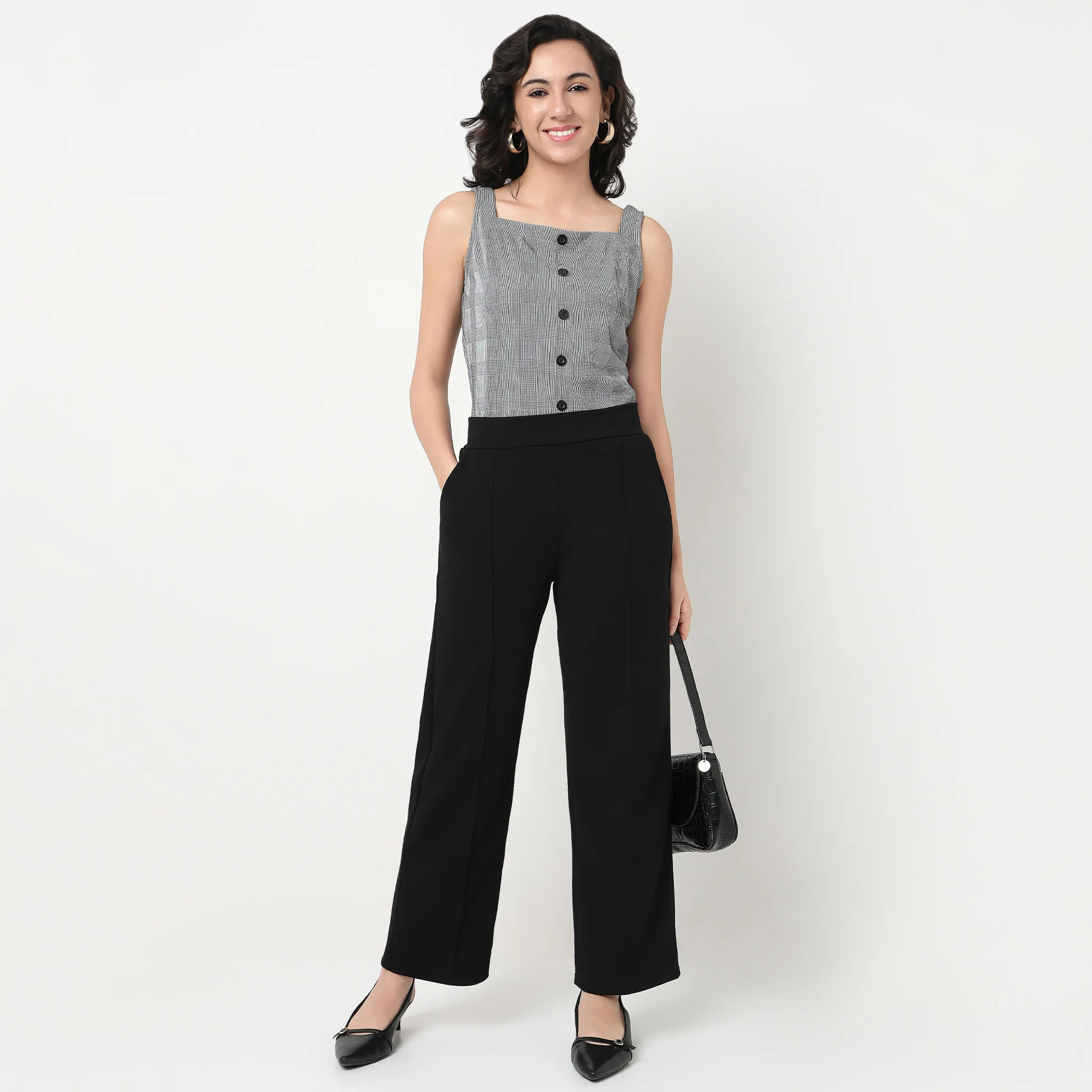 Checkered Square Neck Slim Fit Tops