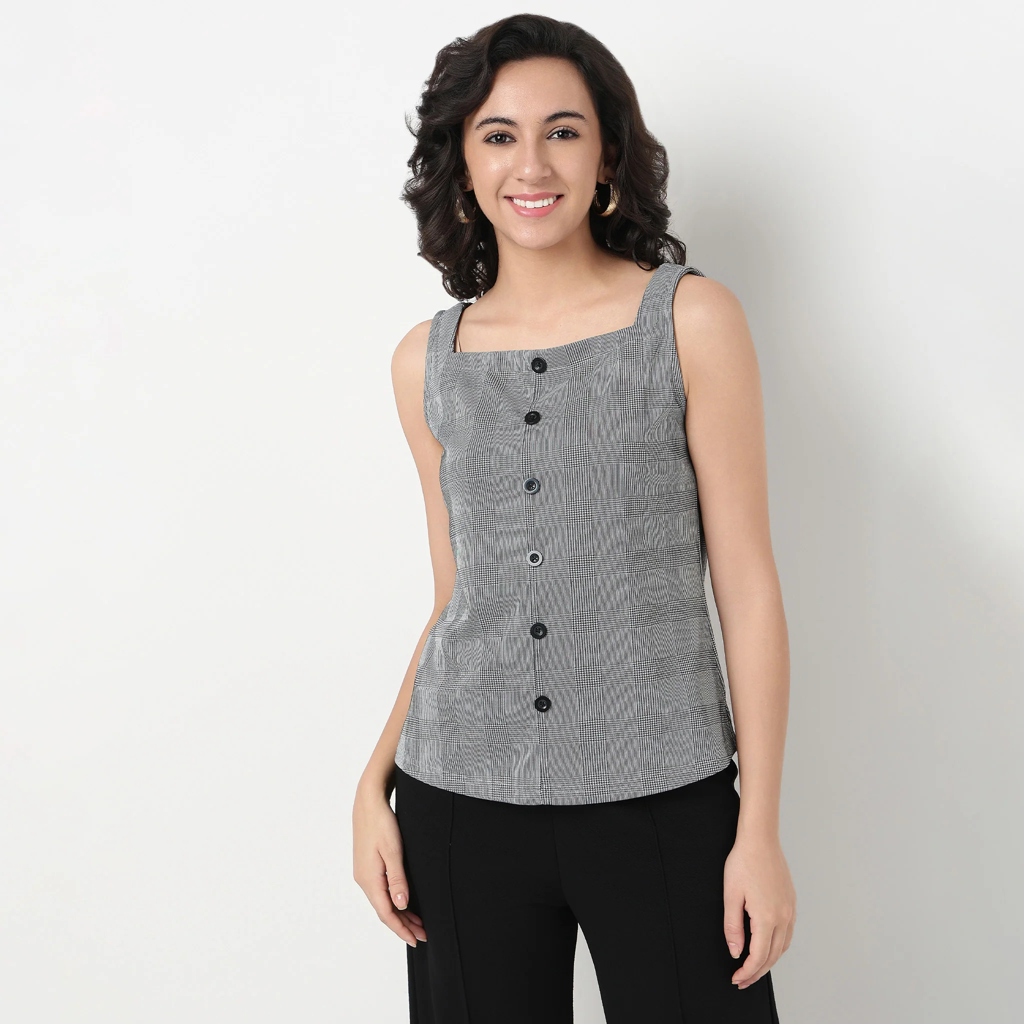 Checkered Square Neck Slim Fit Tops - Image 2