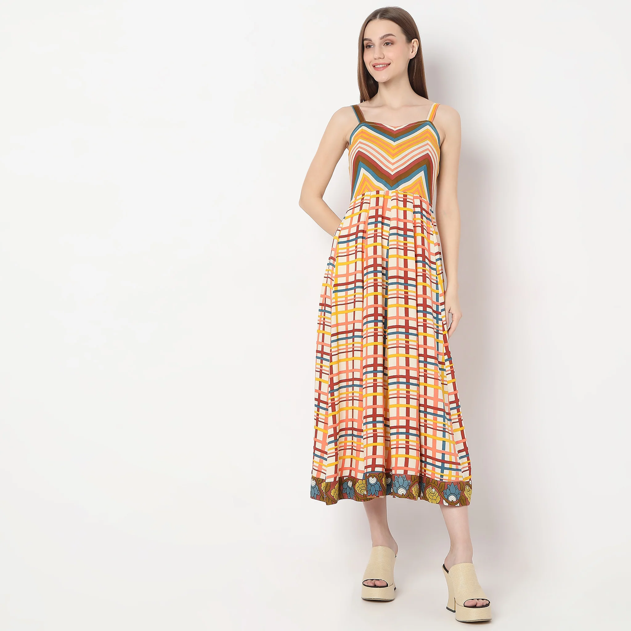 Chivron Print Back Ruched Below Knee Shoulder Straps Flared Hem Tiered Dress - Image 2