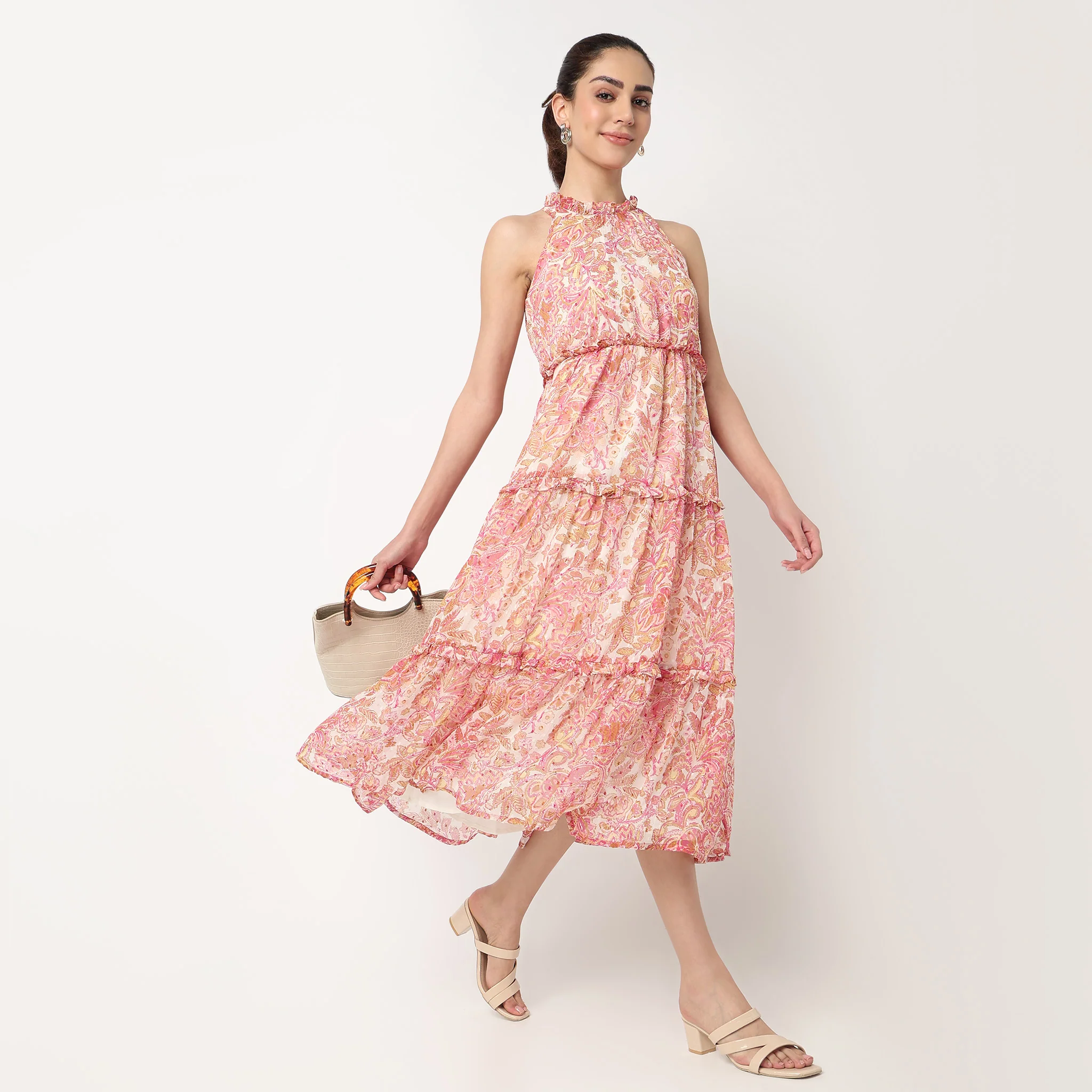 Close Ruffle Neck Printed Tiered Dress