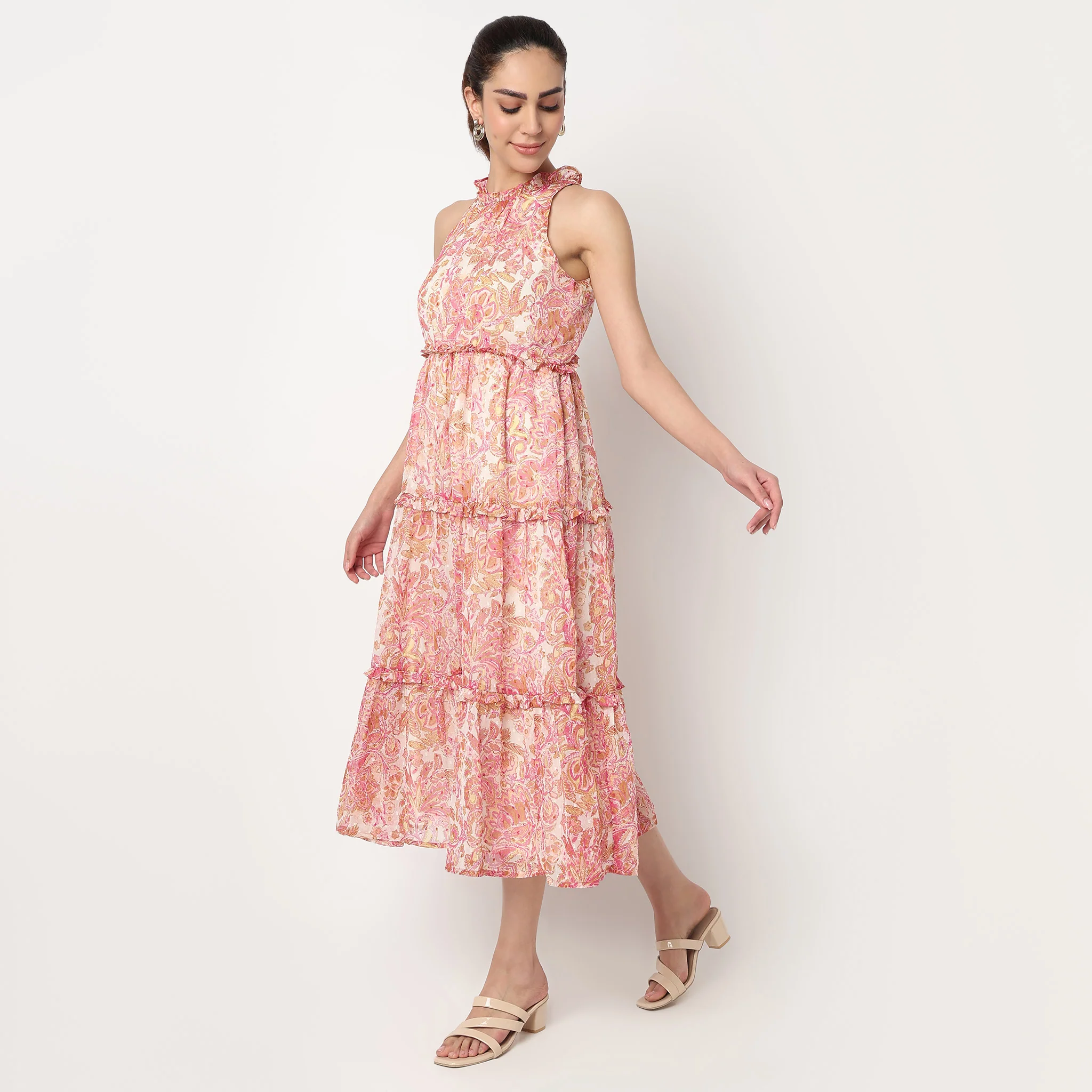 Close Ruffle Neck Printed Tiered Dress - Image 5