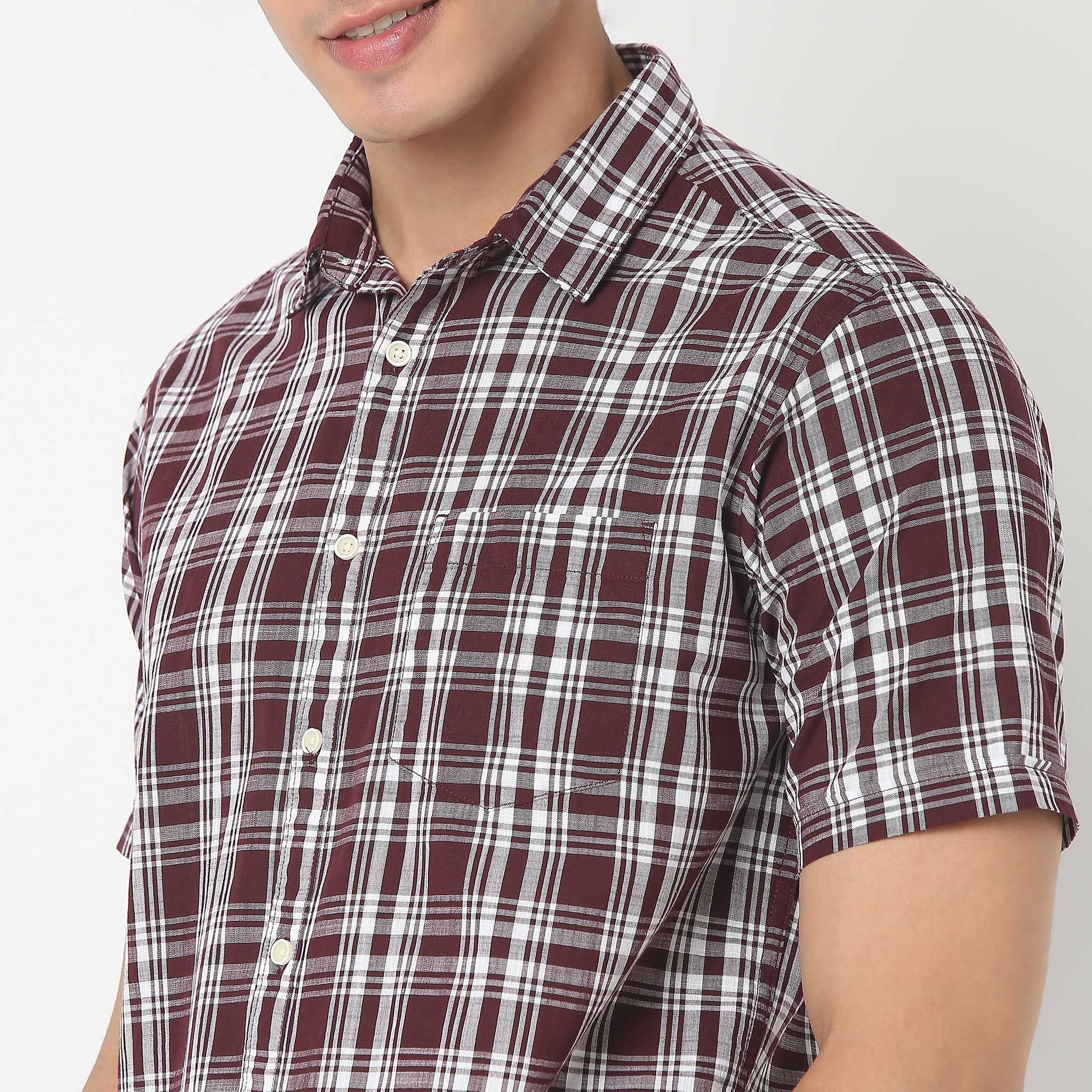 Shirt Collar Half Sleeve Checkered Country Slub Shirt - Image 4