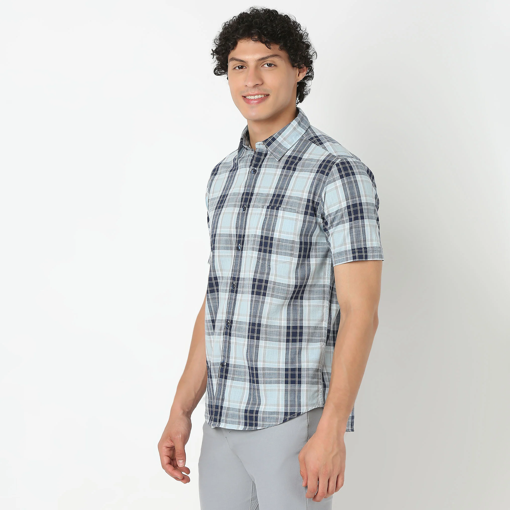 Shirt Collar Half Sleeve Checkered Country Slub Shirt - Image 5