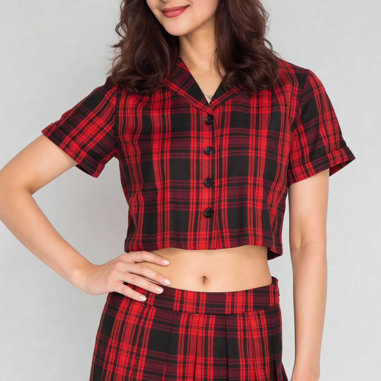 Checkered Lapel Collar Cropped Shirt - Image 4