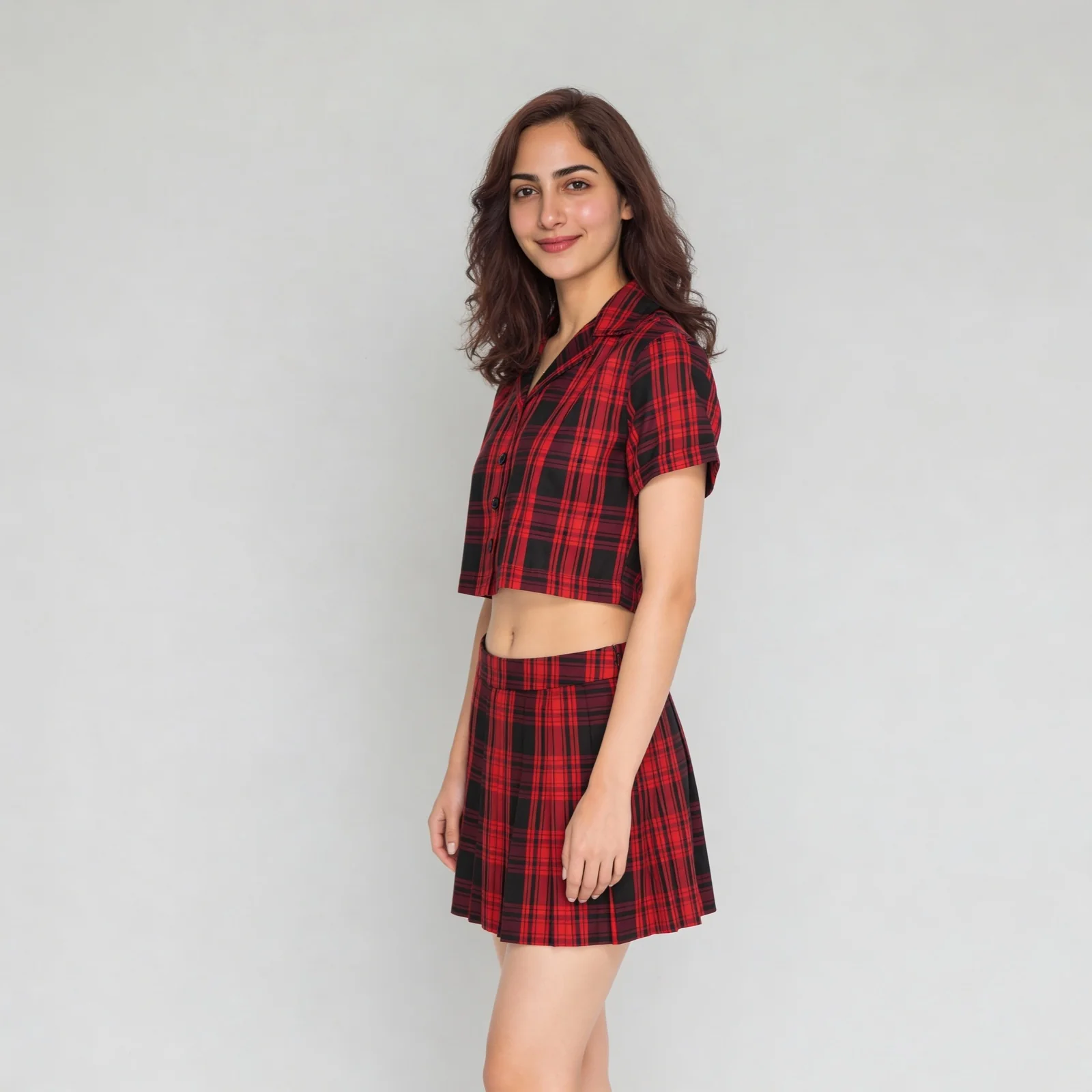 Checkered Lapel Collar Cropped Shirt - Image 5