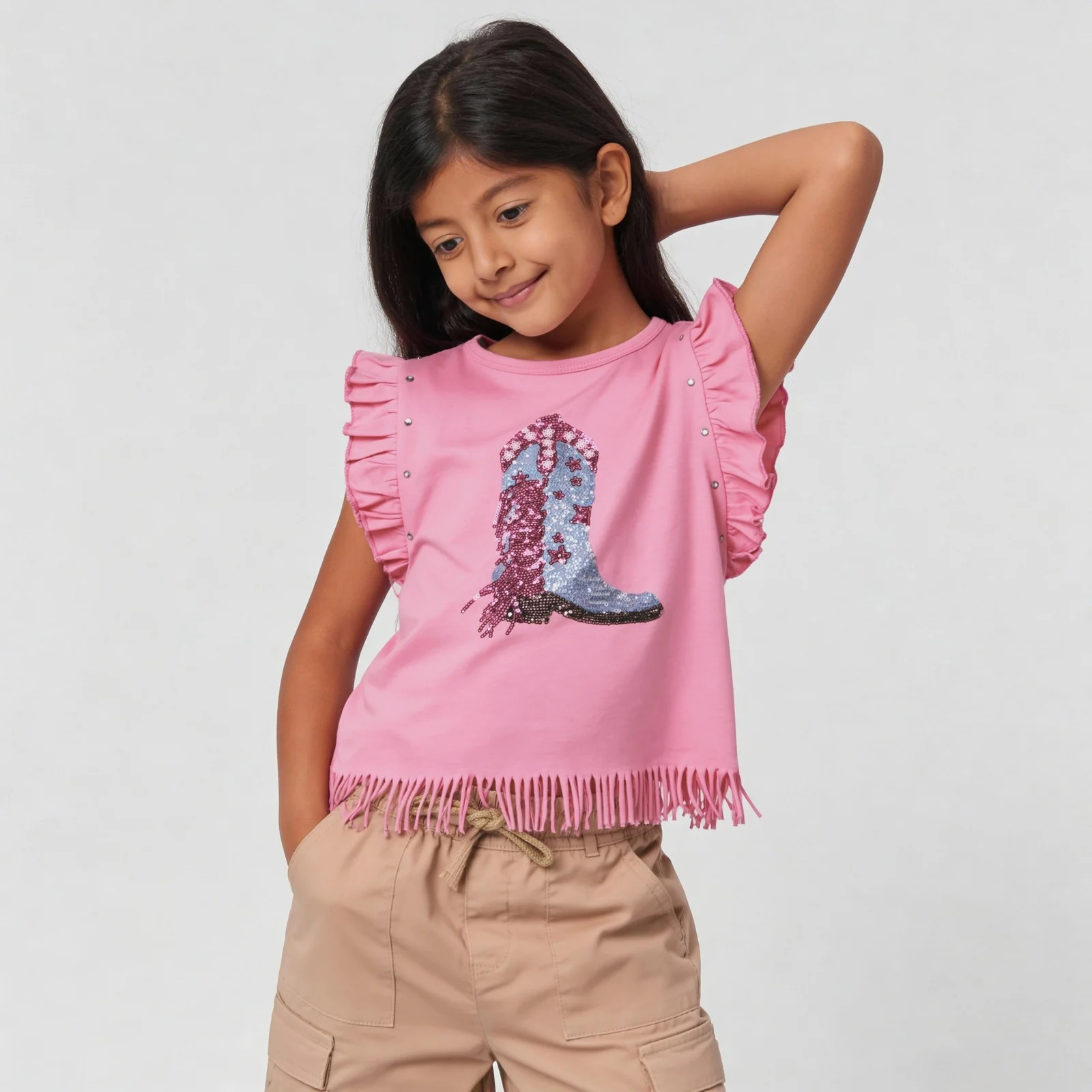 Girls Embellished Ruffle Sleeve T-Shirt - Image 2