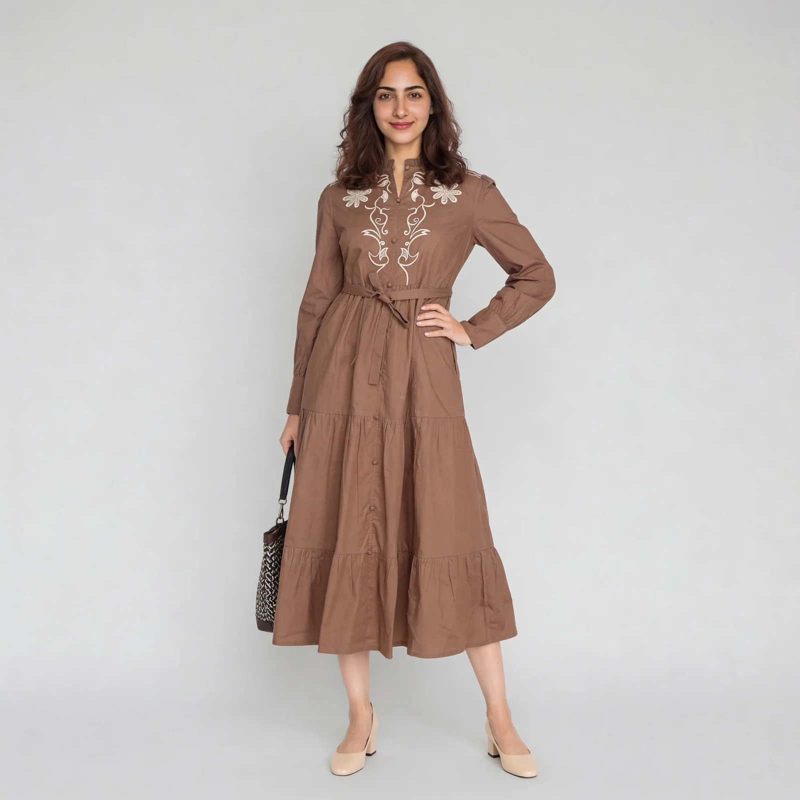 Embroidered Band Neck Flare Fit Dress