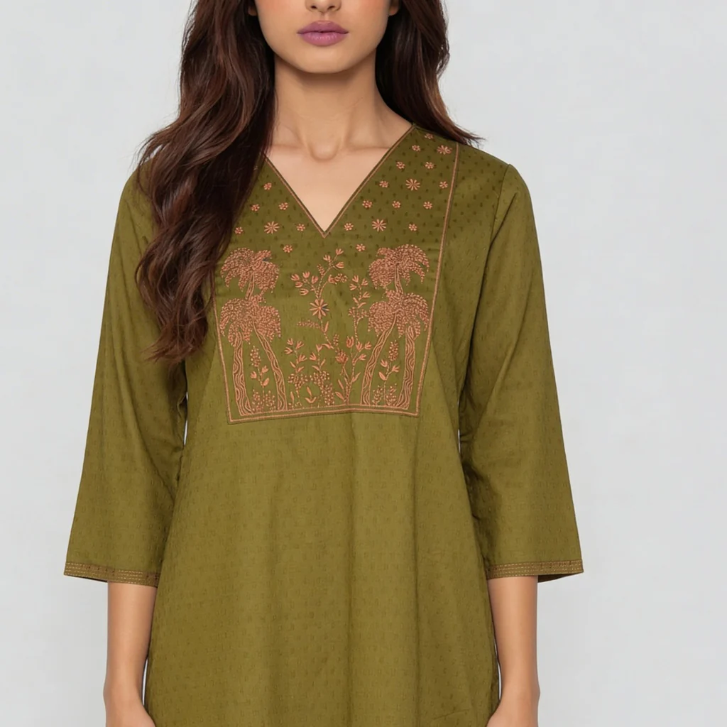 Cotton Embroidered V-Neck Kurta - Image 4
