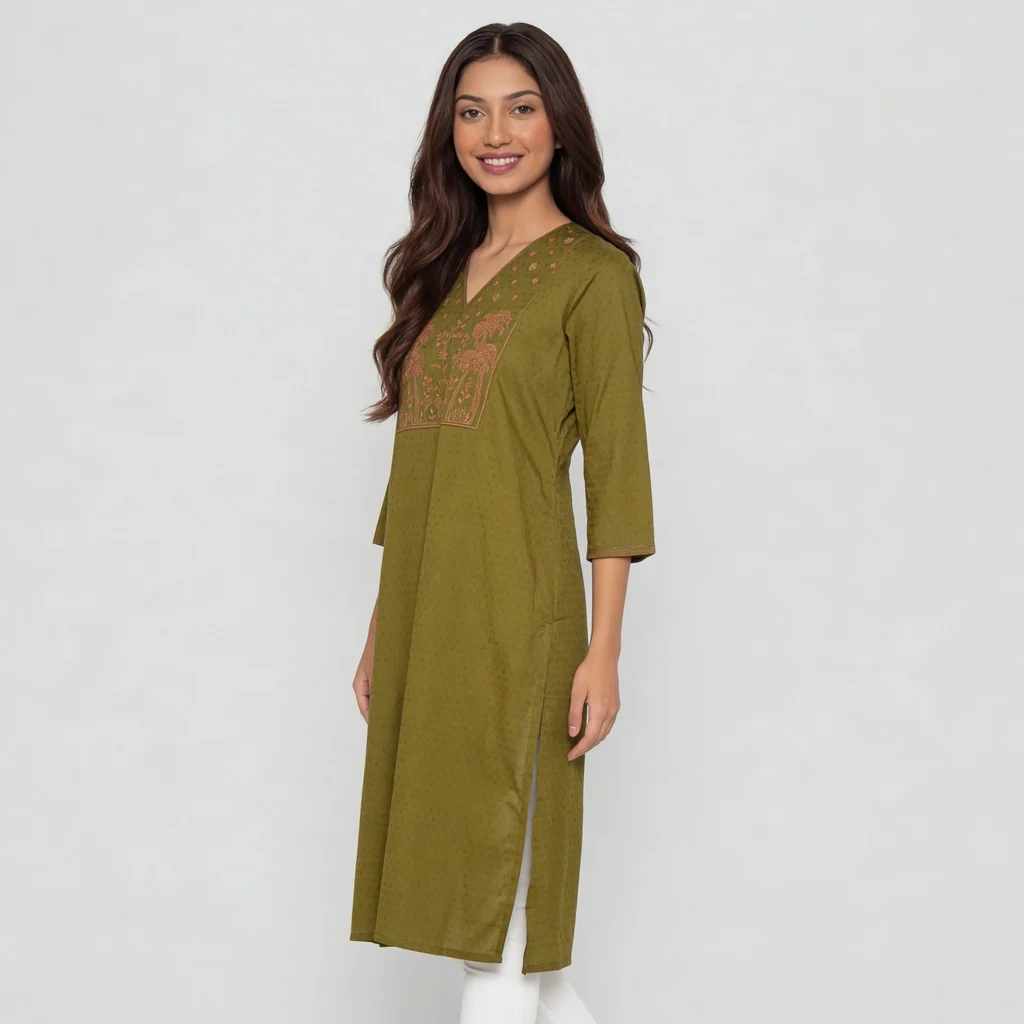 Cotton Embroidered V-Neck Kurta - Image 5