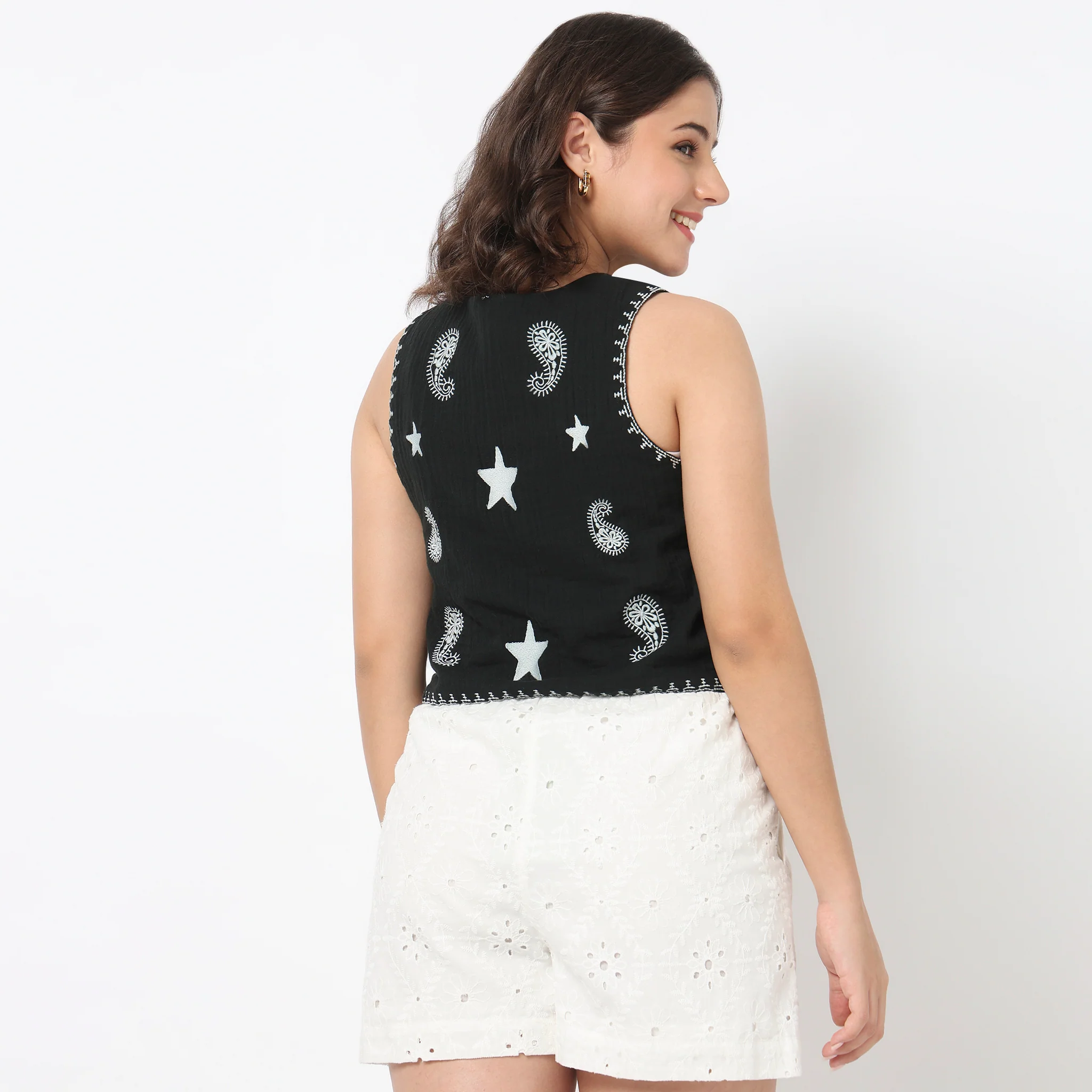Cotton Embroidered V-Neck Top - Image 3