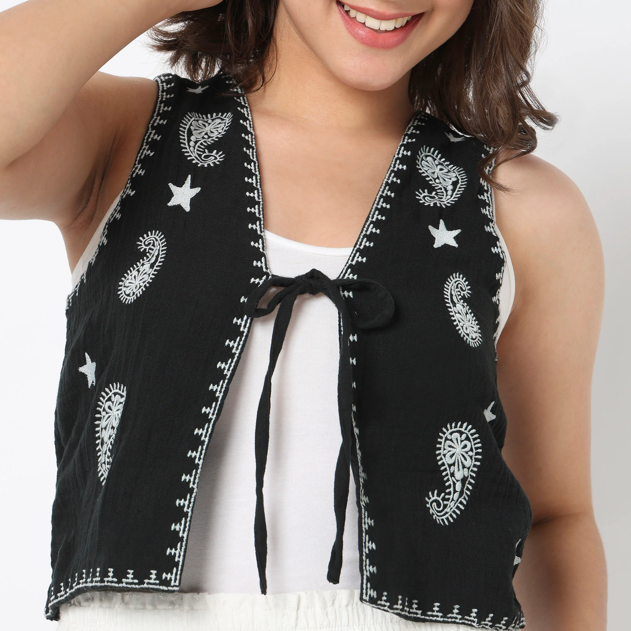 Cotton Embroidered V-Neck Top - Image 4
