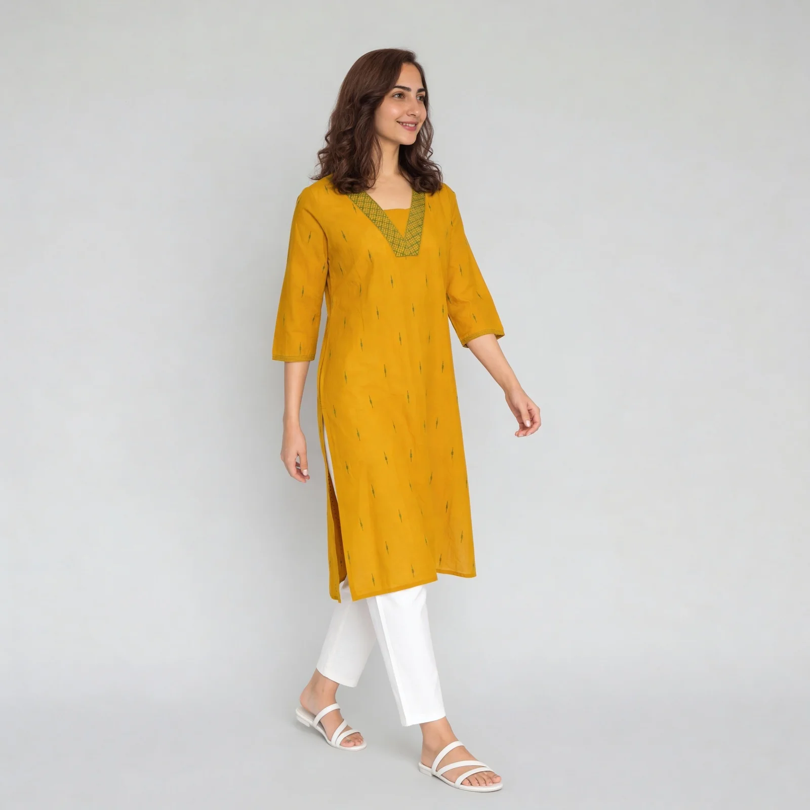 Jacquard V-Neck Long Kurta
