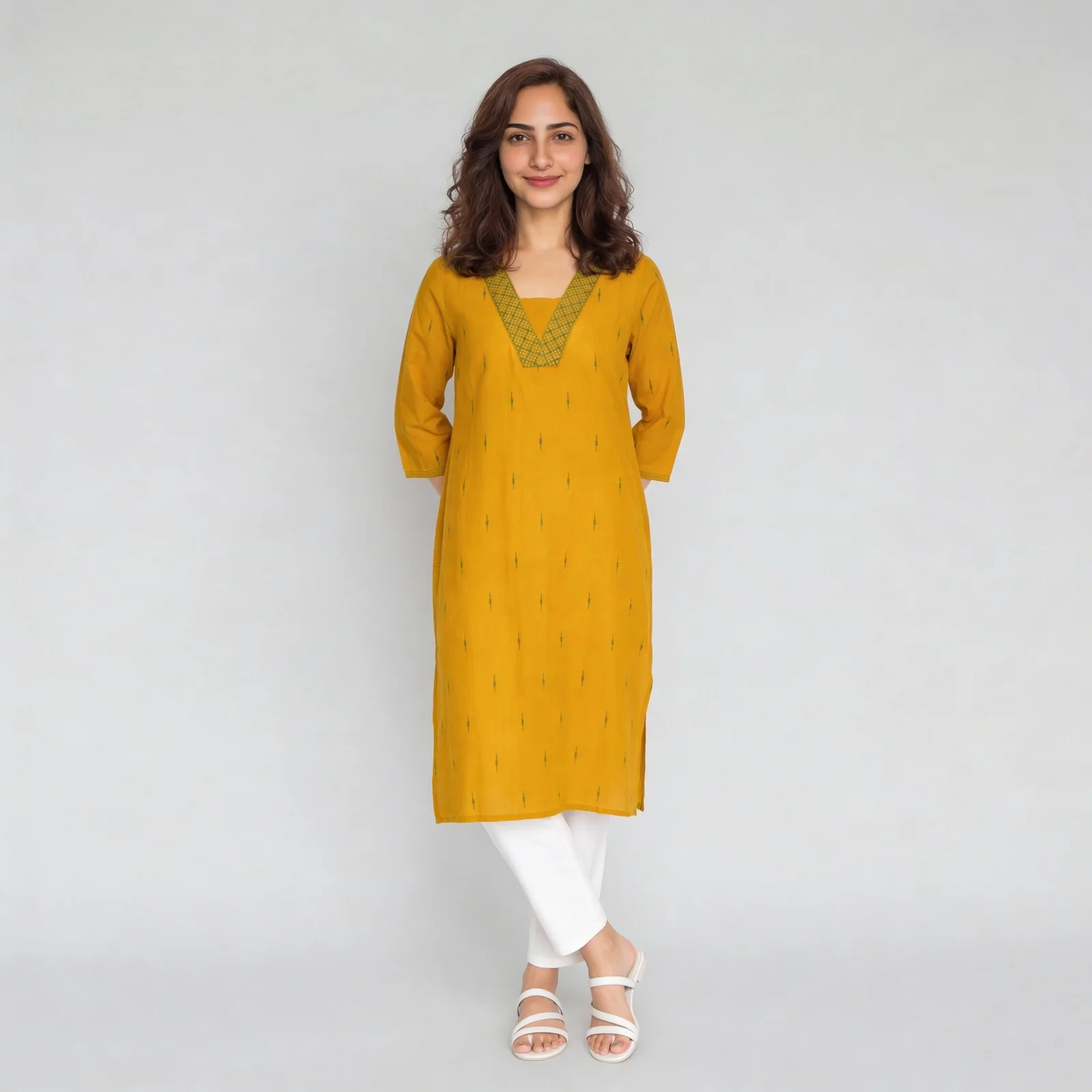 Jacquard V-Neck Long Kurta - Image 2