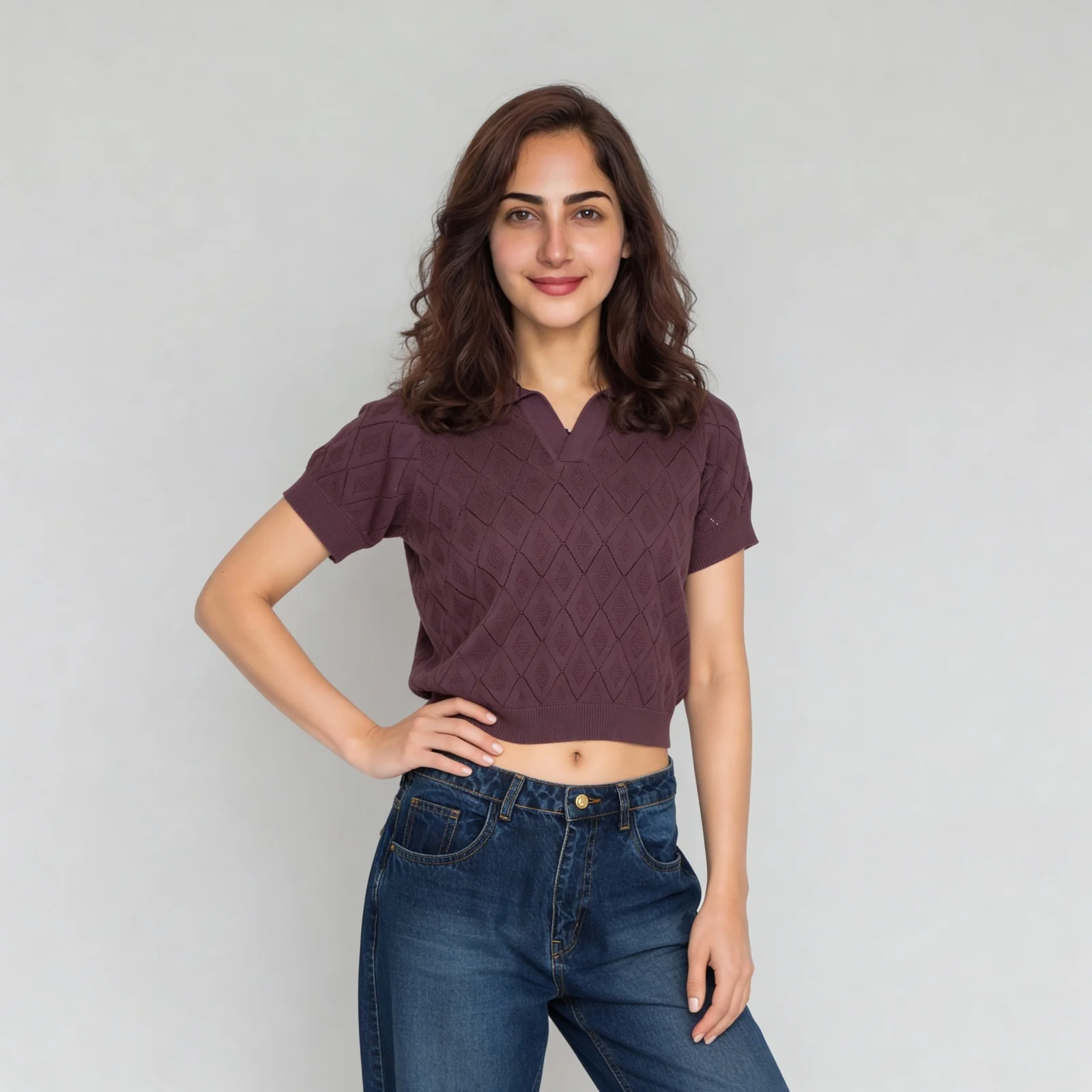 Cotton Knitted Crop Polo Neck T-Shirt - Image 2