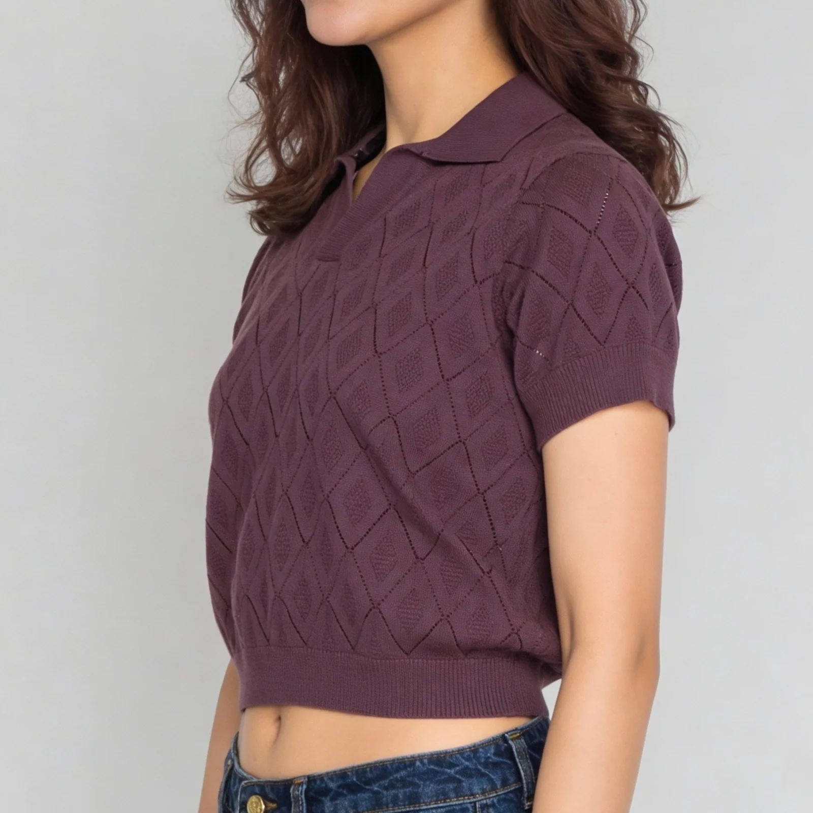 Cotton Knitted Crop Polo Neck T-Shirt - Image 4