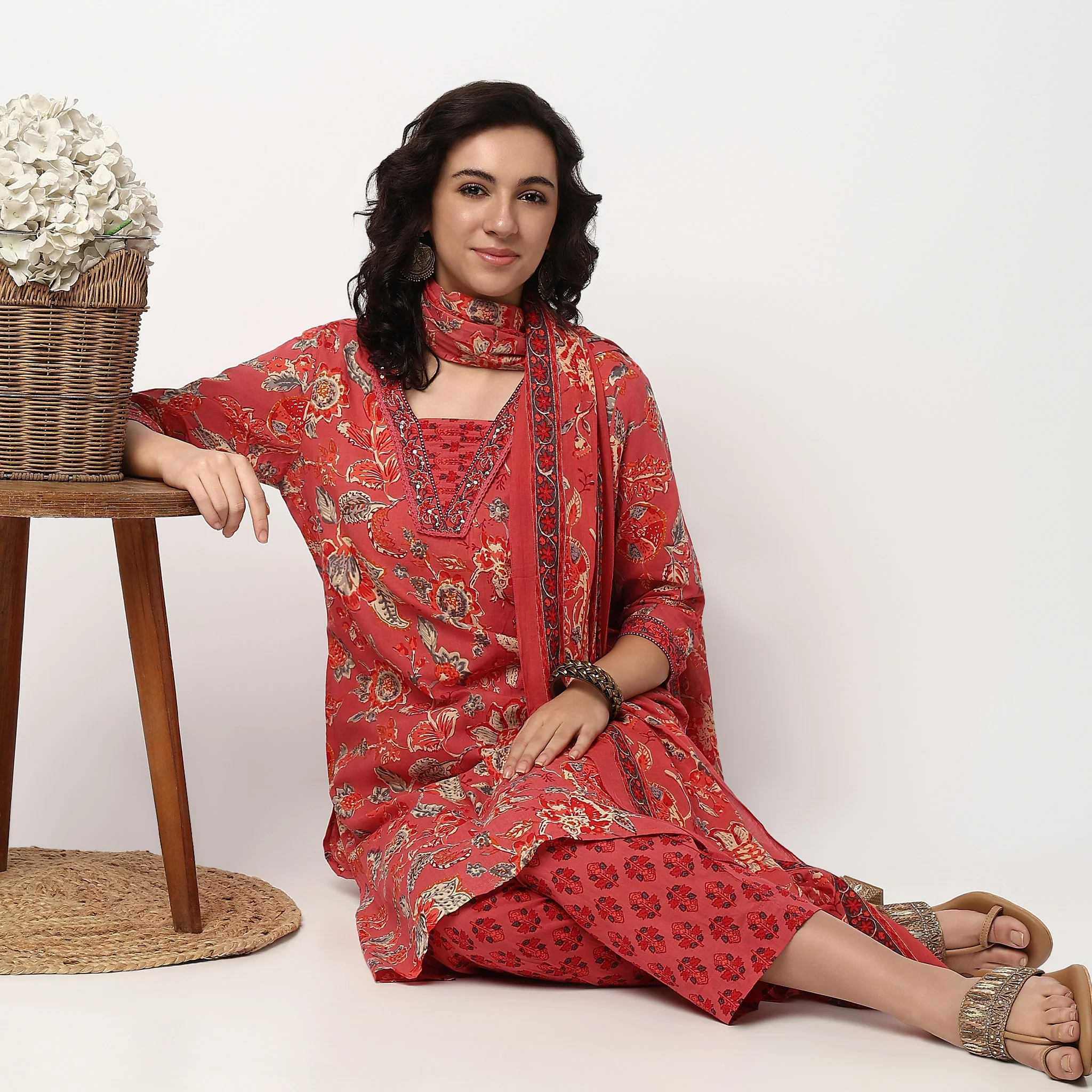 Printed Cotton V Neck Kurta Set with Dupatta