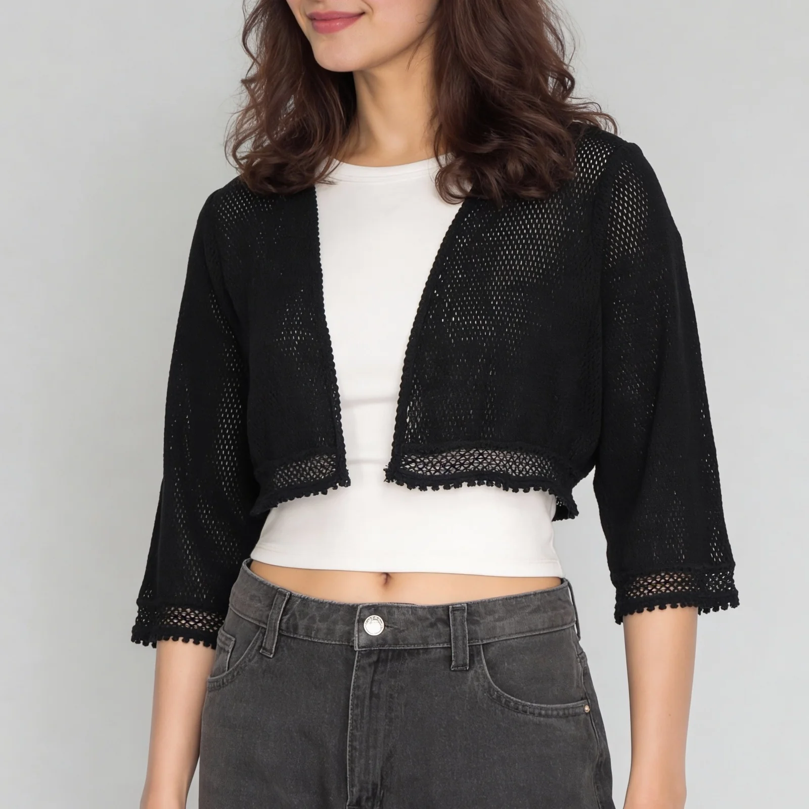 Cotton Boxy Fit Cropped Lace Shrug - Image 4