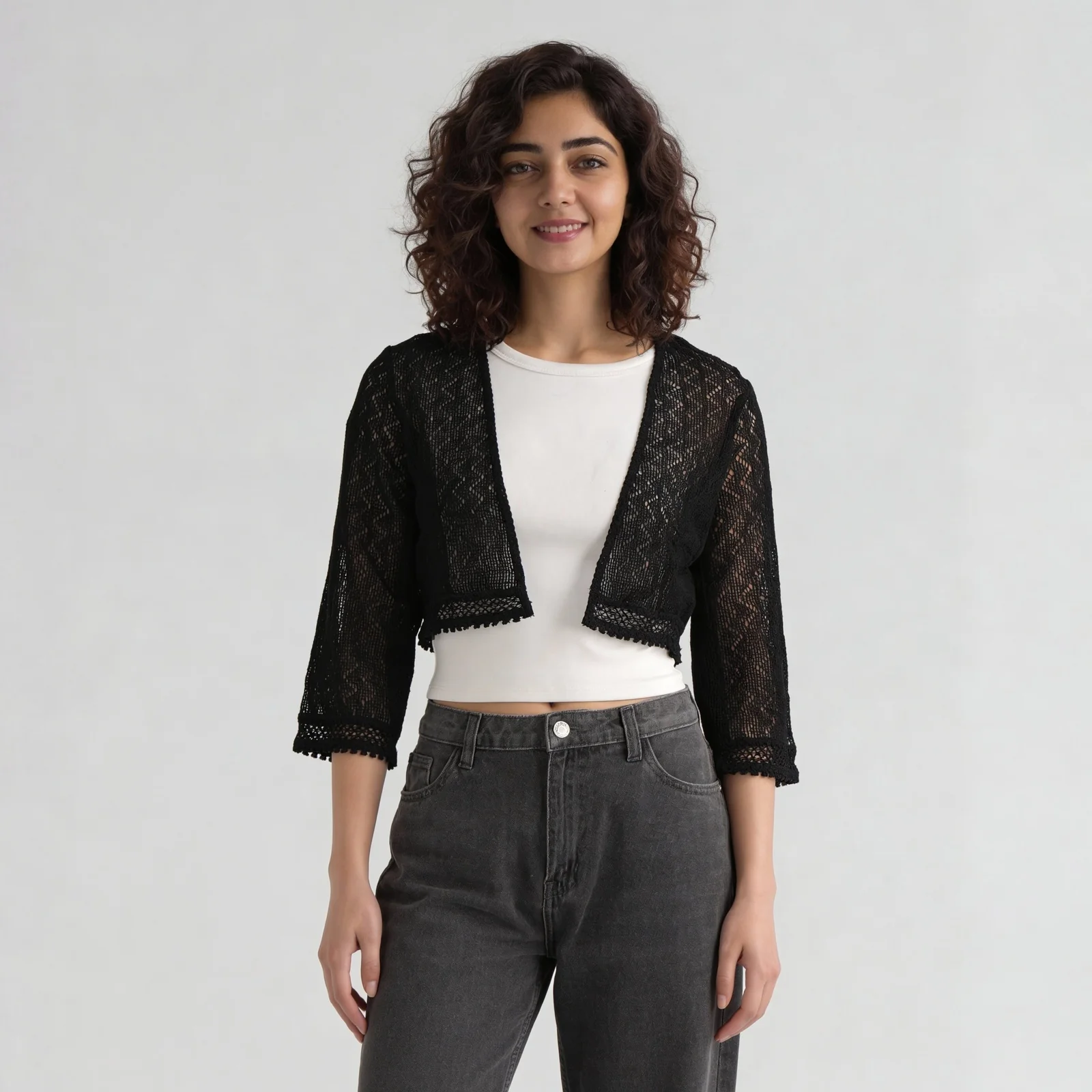 Cotton Boxy Fit Cropped Lace Shrug - Image 2