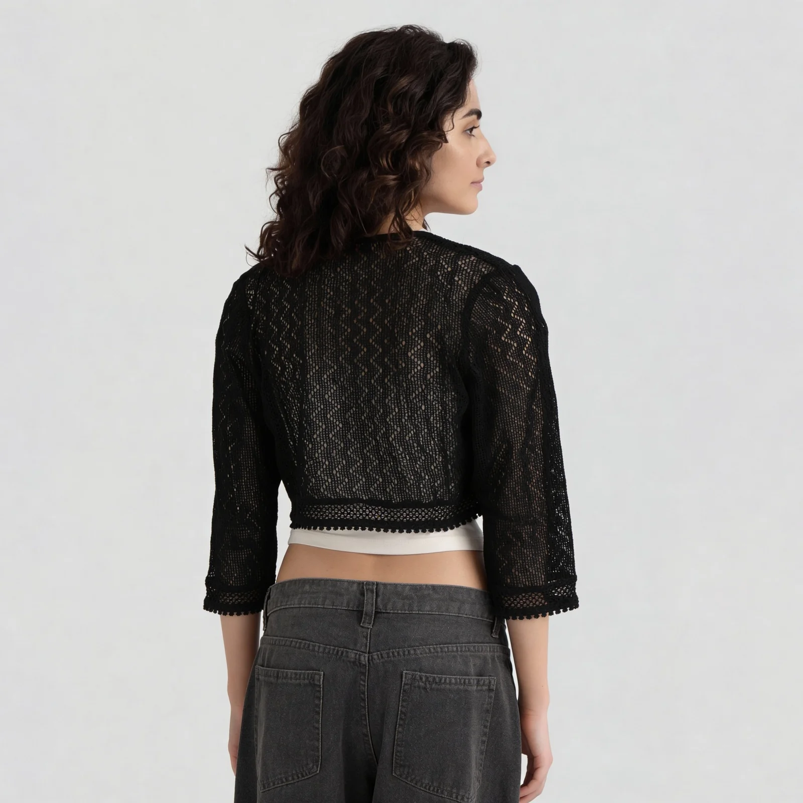 Cotton Boxy Fit Cropped Lace Shrug - Image 3