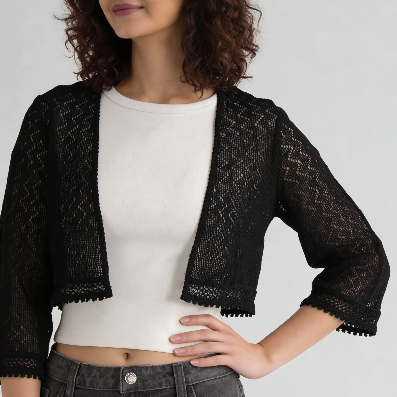 Cotton Boxy Fit Cropped Lace Shrug - Image 4