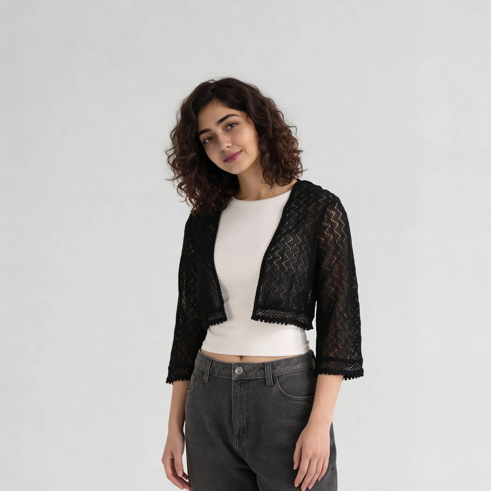 Cotton Boxy Fit Cropped Lace Shrug - Image 5