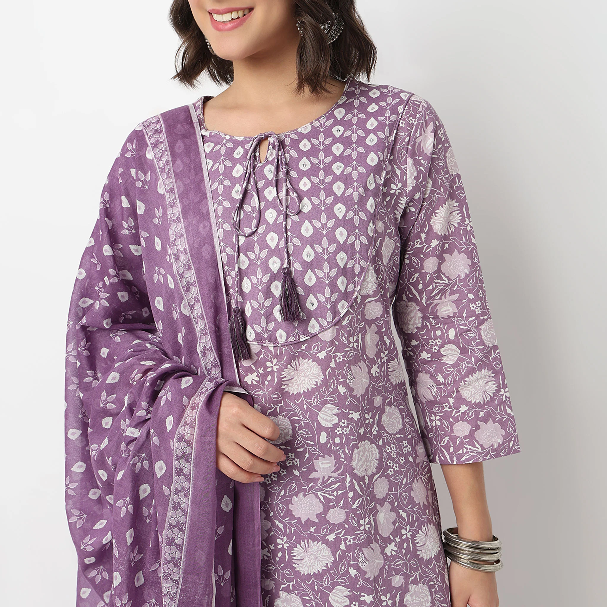 Cotton Printed Flared Kurta with Pant & with Dupatta Set - Image 4