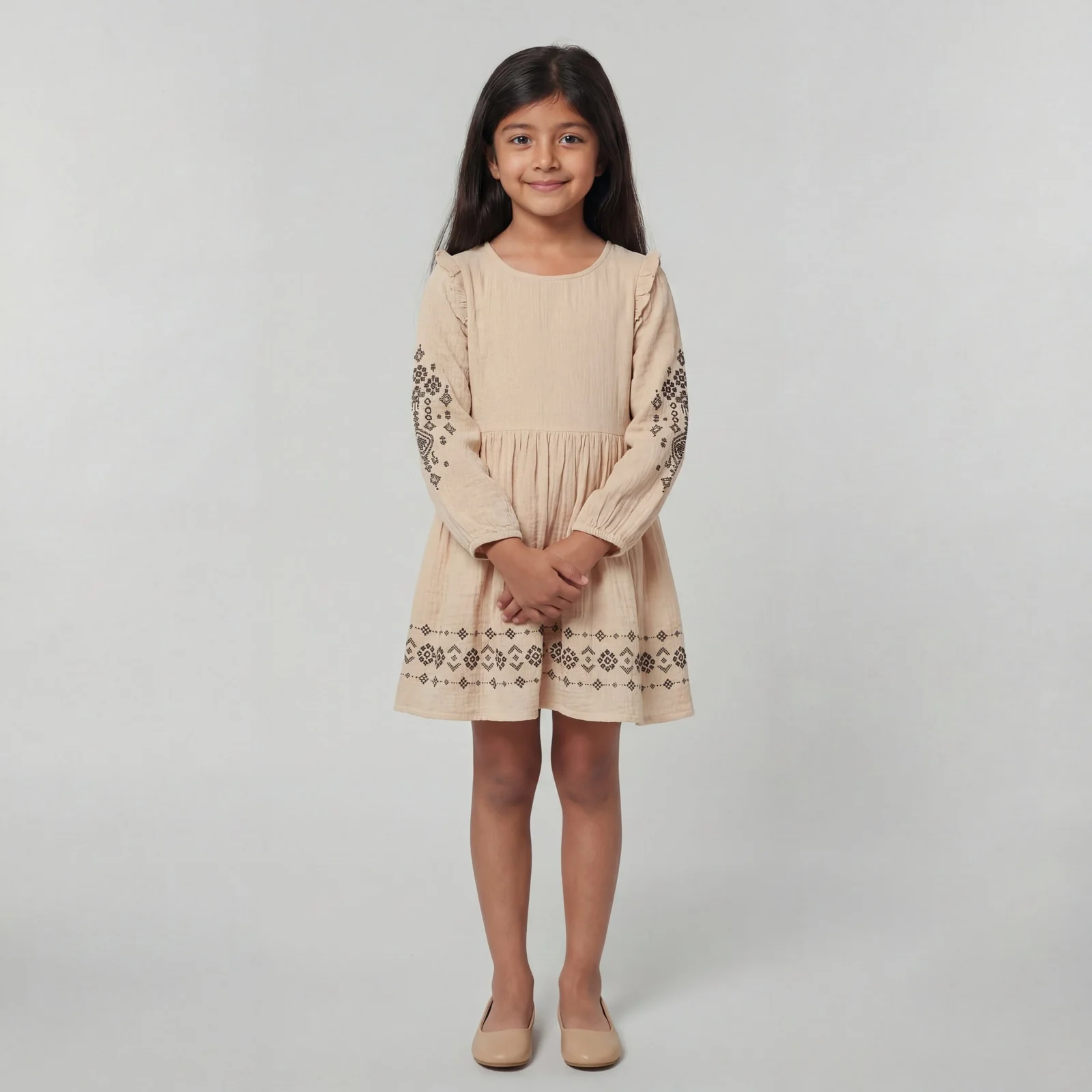 Girls Cotton Printed Full Sleeve Frock - Image 2