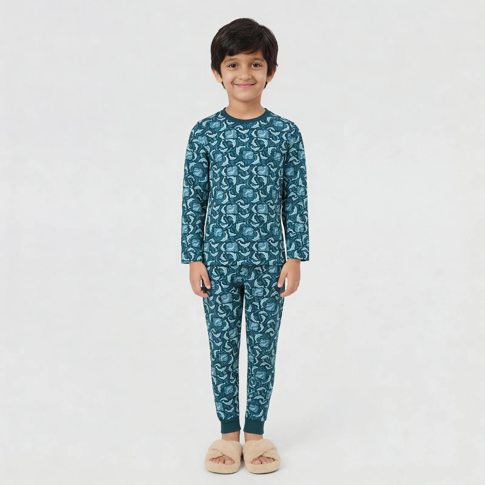 Boys Cotton Printed Crew Neck T-Shirt with Track Pant Sleepwear Set - Image 2
