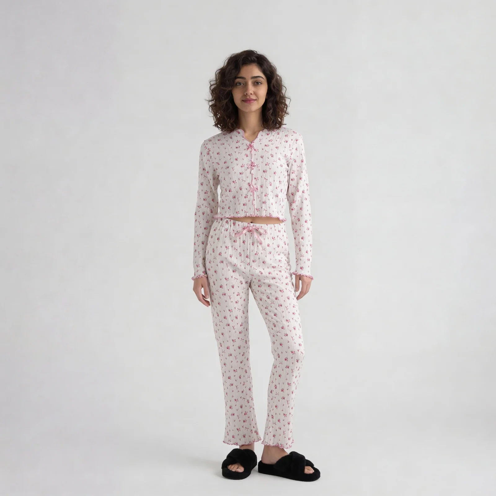 Cotton Printed V- Neck Top with Pyjama Sleepwear Set