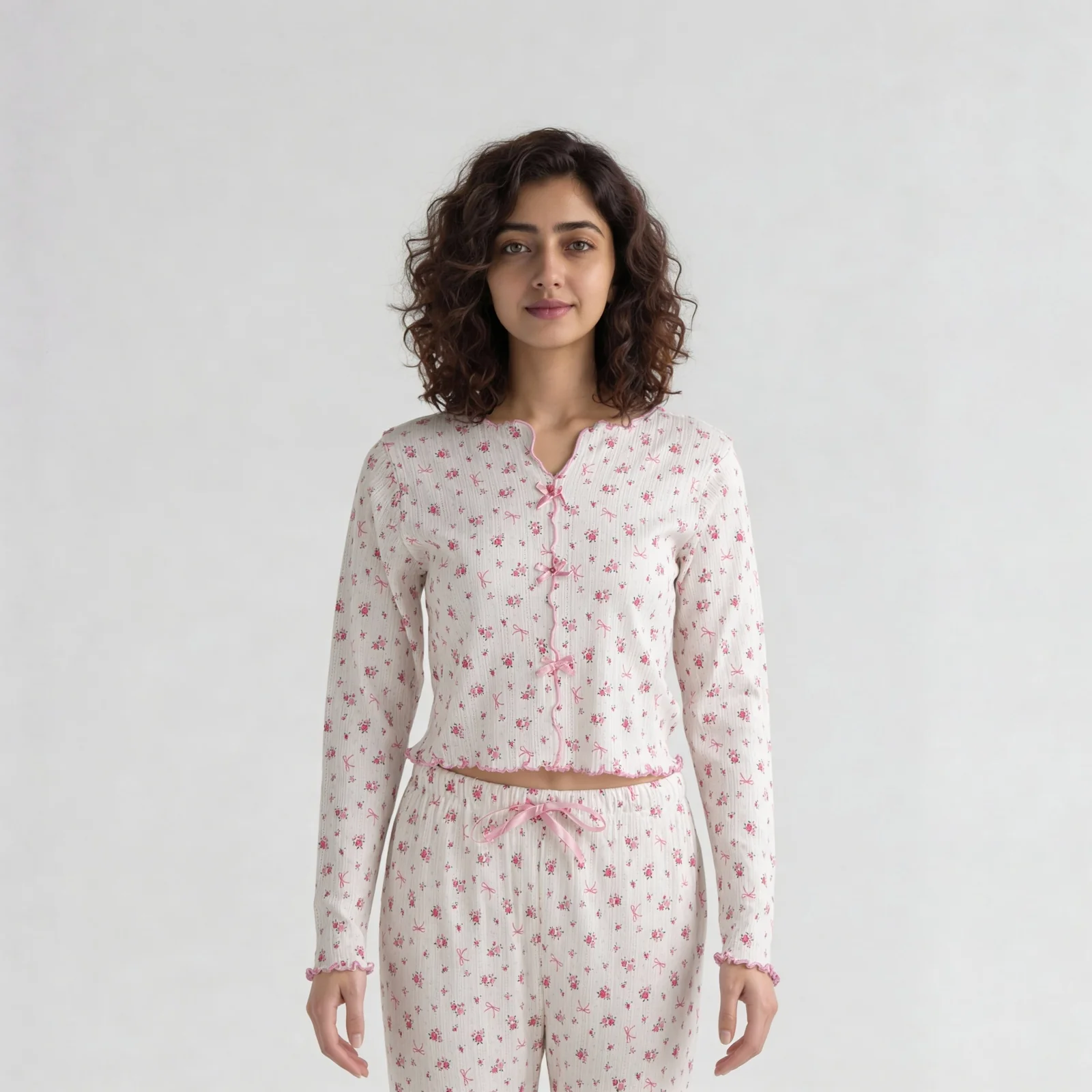 Cotton Printed V- Neck Top with Pyjama Sleepwear Set - Image 3