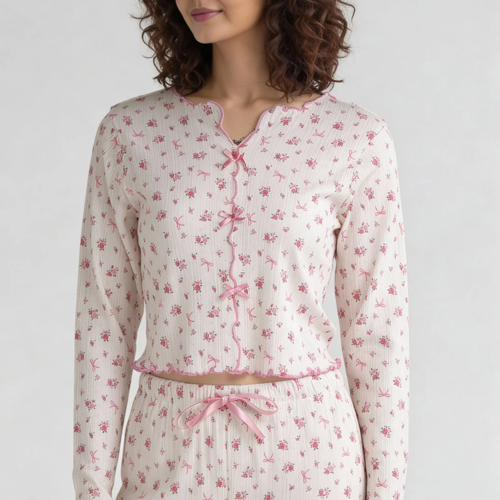 Cotton Printed V- Neck Top with Pyjama Sleepwear Set - Image 5