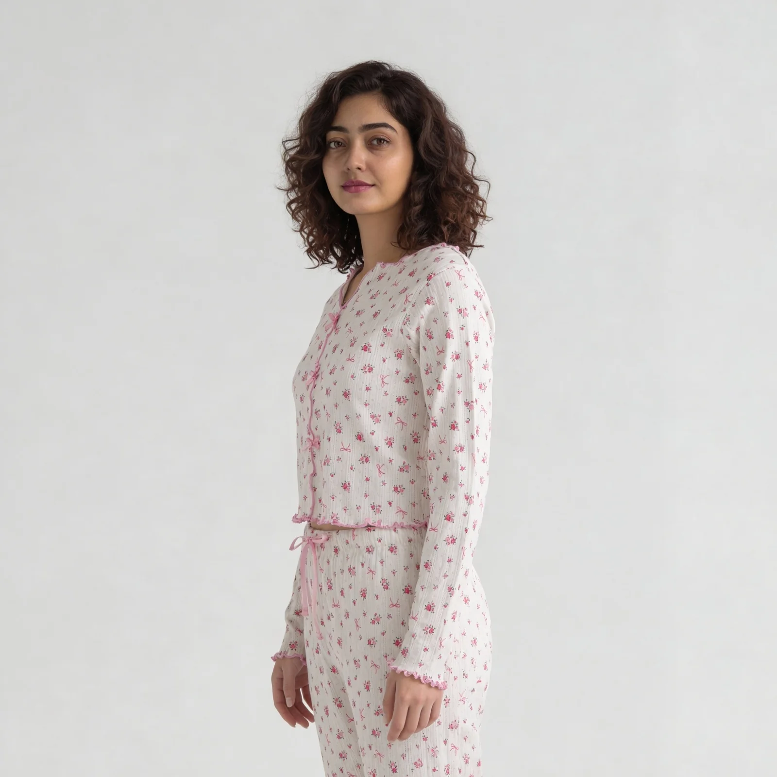 Cotton Printed V- Neck Top with Pyjama Sleepwear Set - Image 6