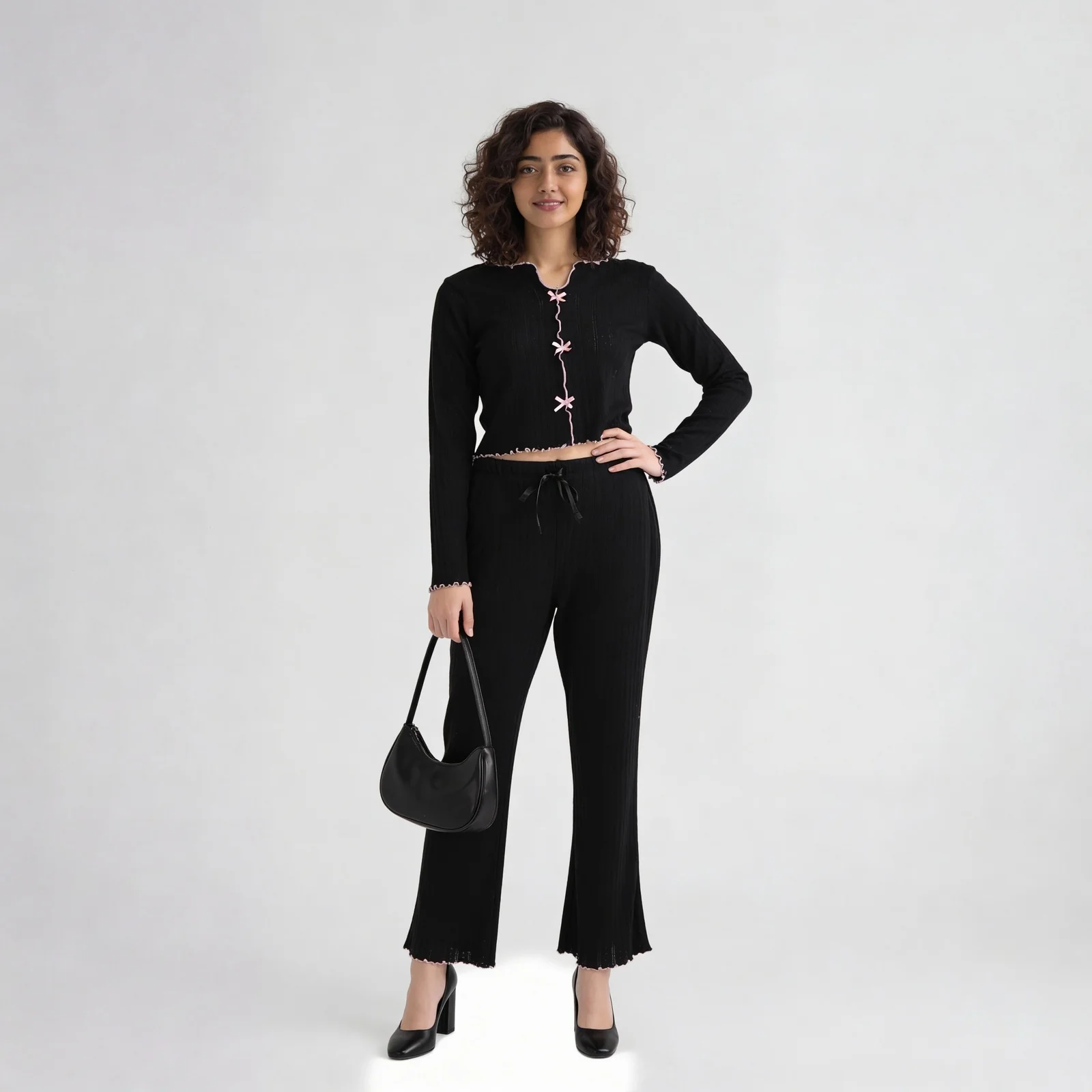 Cotton Structured Crop Top with Pyjama Sleepwear Set