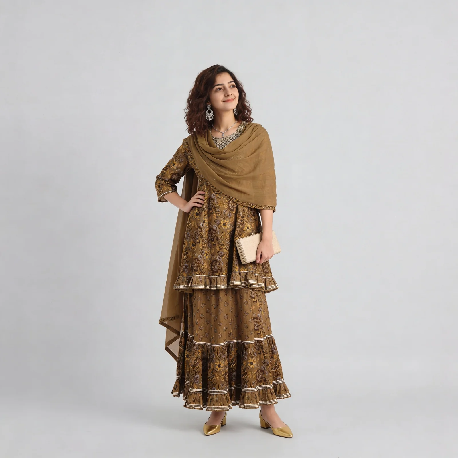 Cotton Printed Kalidar Kurta with Sharara & with Dupatta Set