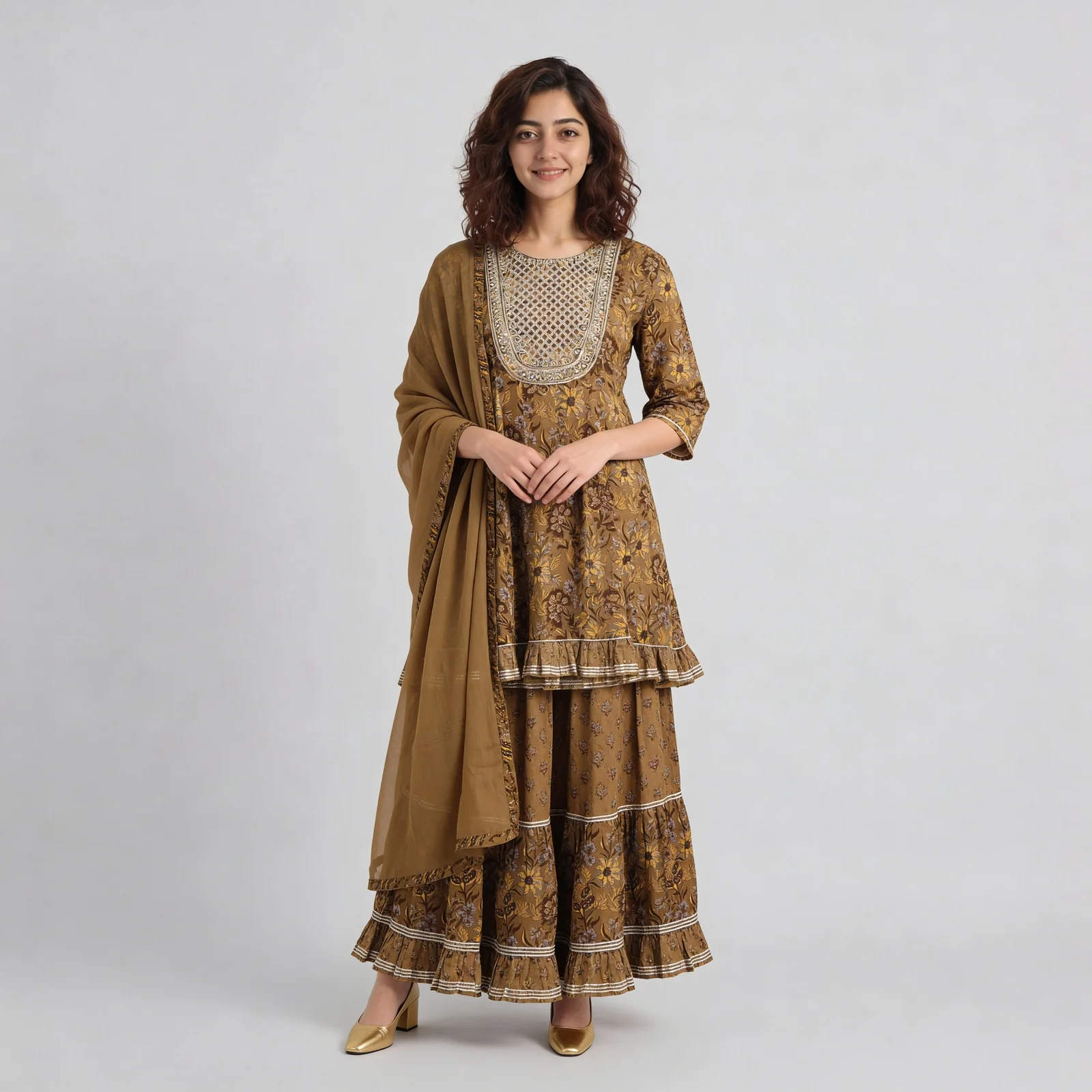 Cotton Printed Kalidar Kurta with Sharara & with Dupatta Set - Image 2