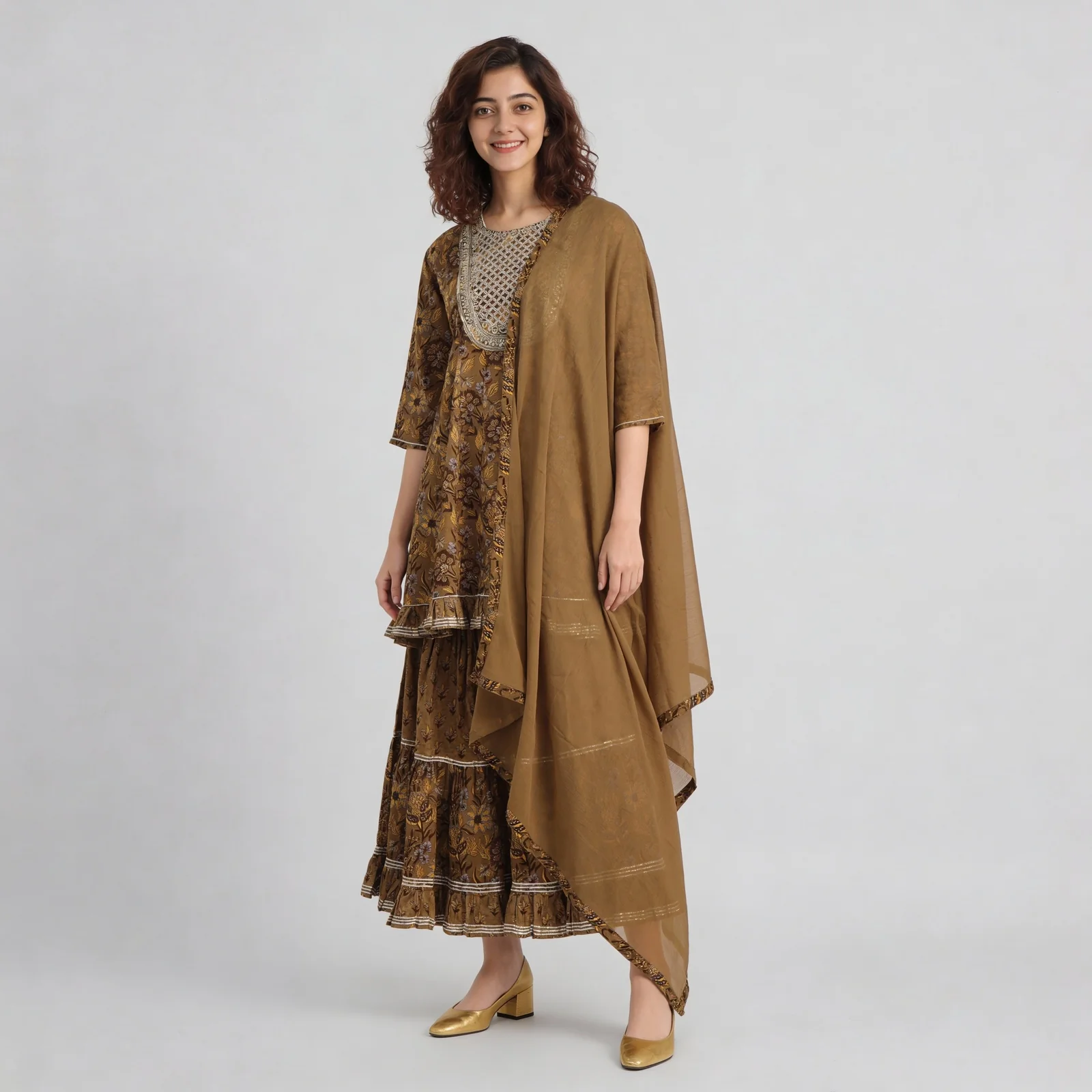 Cotton Printed Kalidar Kurta with Sharara & with Dupatta Set - Image 5