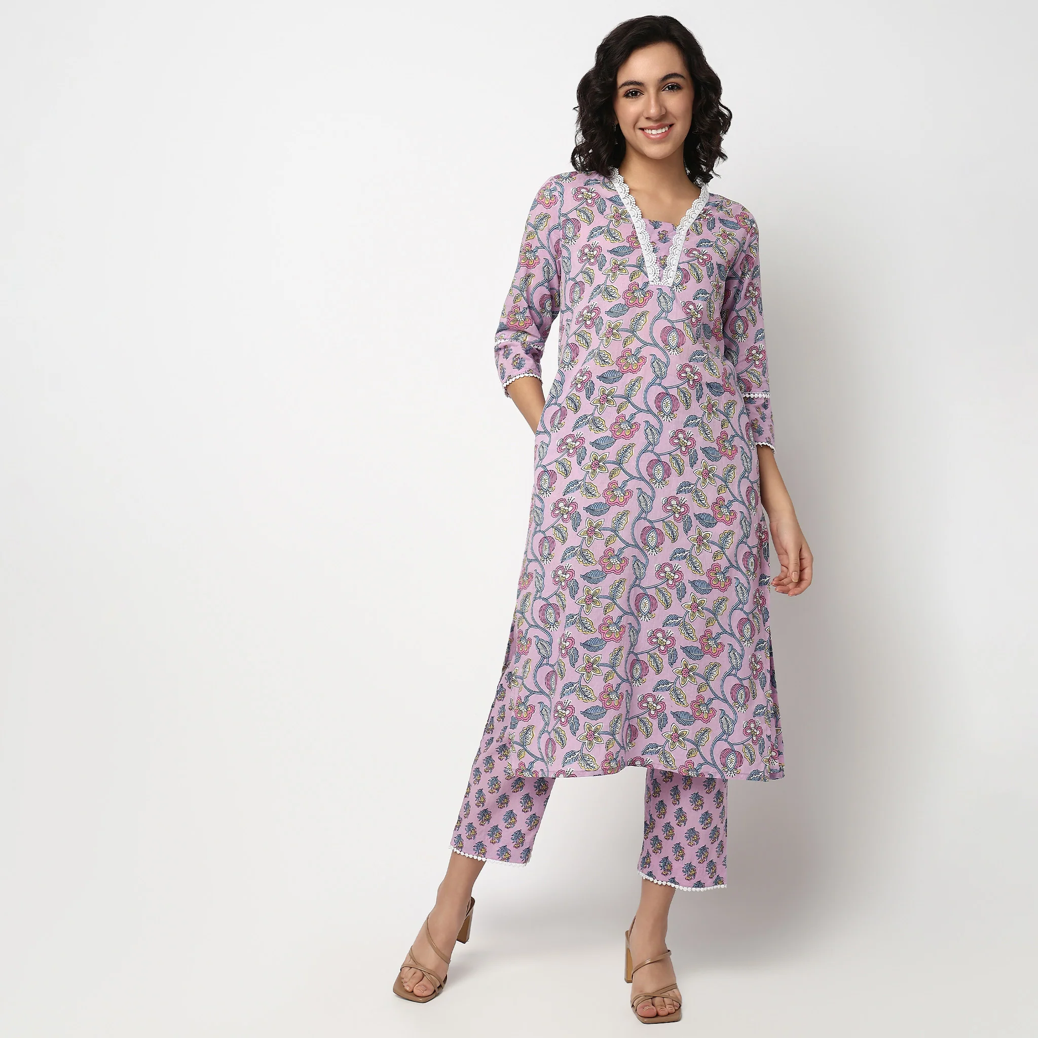 Printed Cotton V-Neck Kurta Set with Dupatta - Image 2