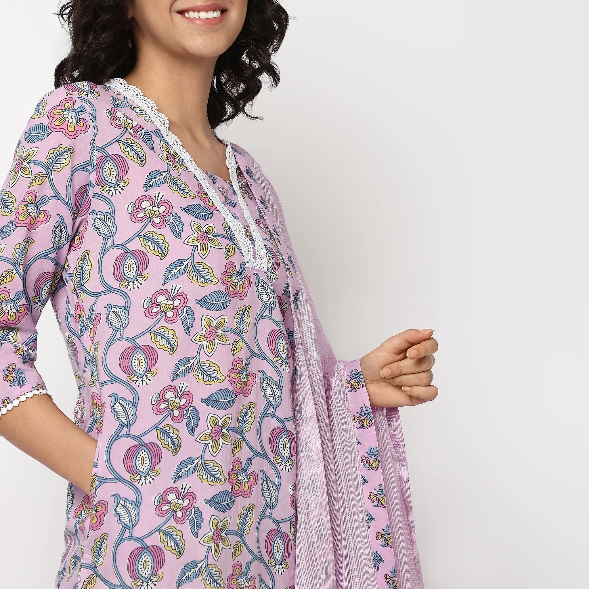 Printed Cotton V-Neck Kurta Set with Dupatta - Image 4