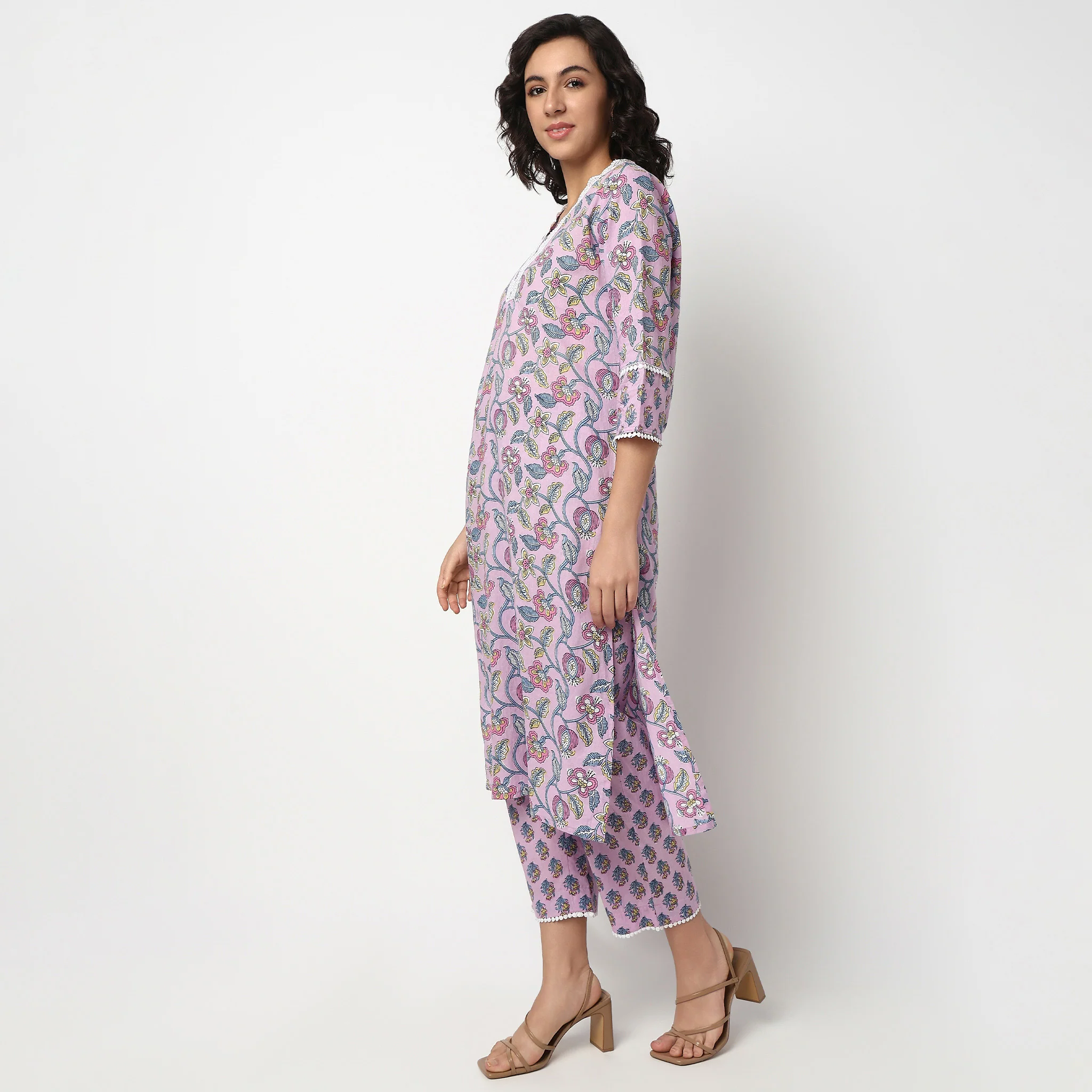 Printed Cotton V-Neck Kurta Set with Dupatta - Image 7